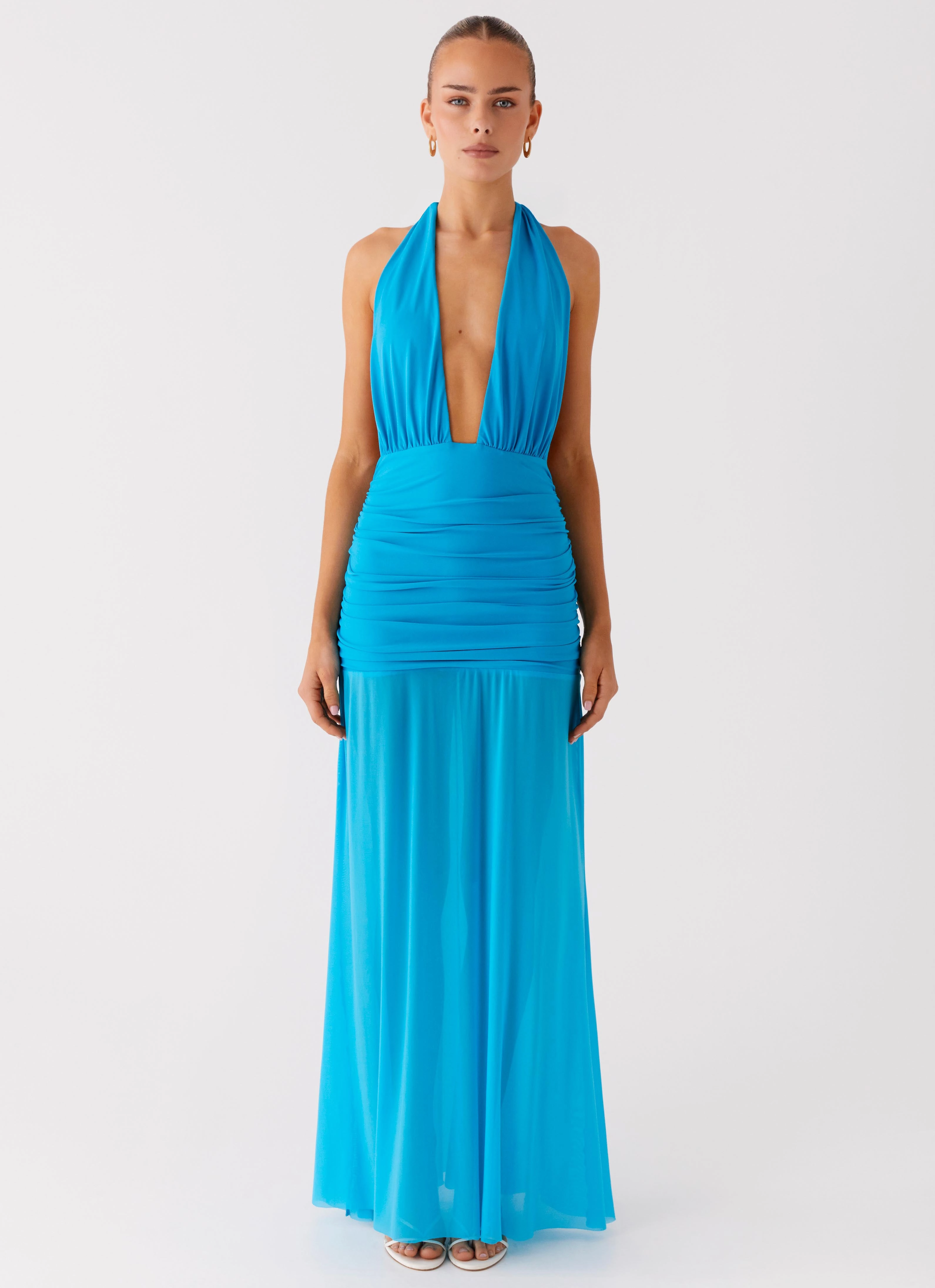 Dilemma Halter Maxi Dress - Turquoise Blue Cozy Layering