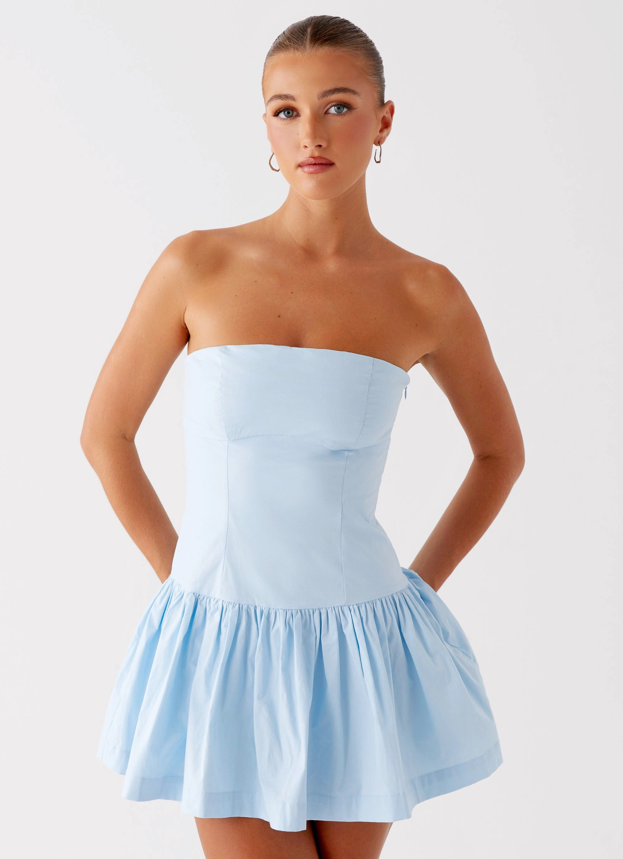 Riviera Mini Dress - Blue Gathered Skirt
