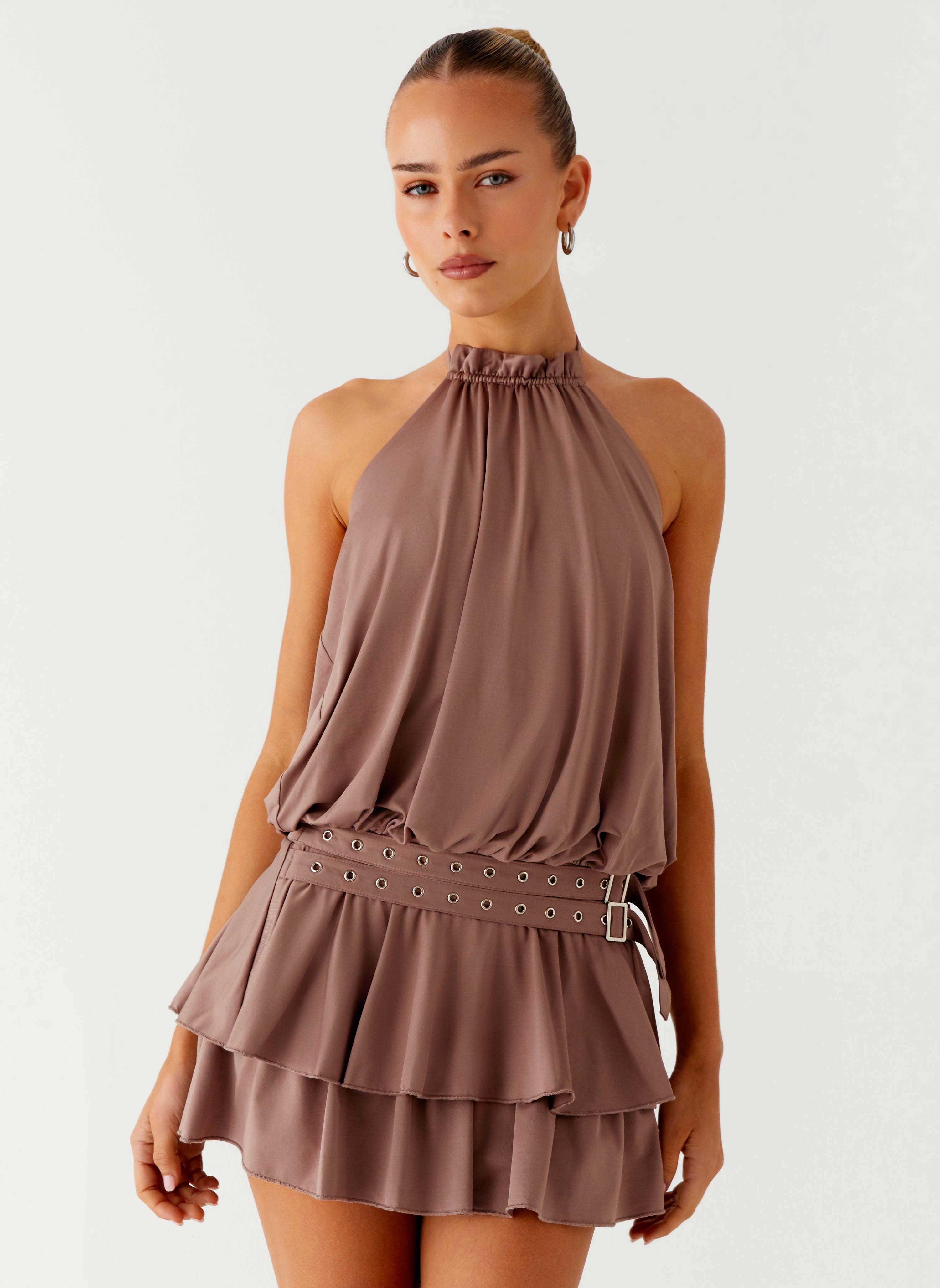Scandi Light Modern Fit Dopamine Belt Mini Dress - Taupe