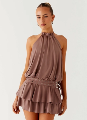 Outfit Boost Luxe Mood Dopamine Belt Mini Dress - Taupe