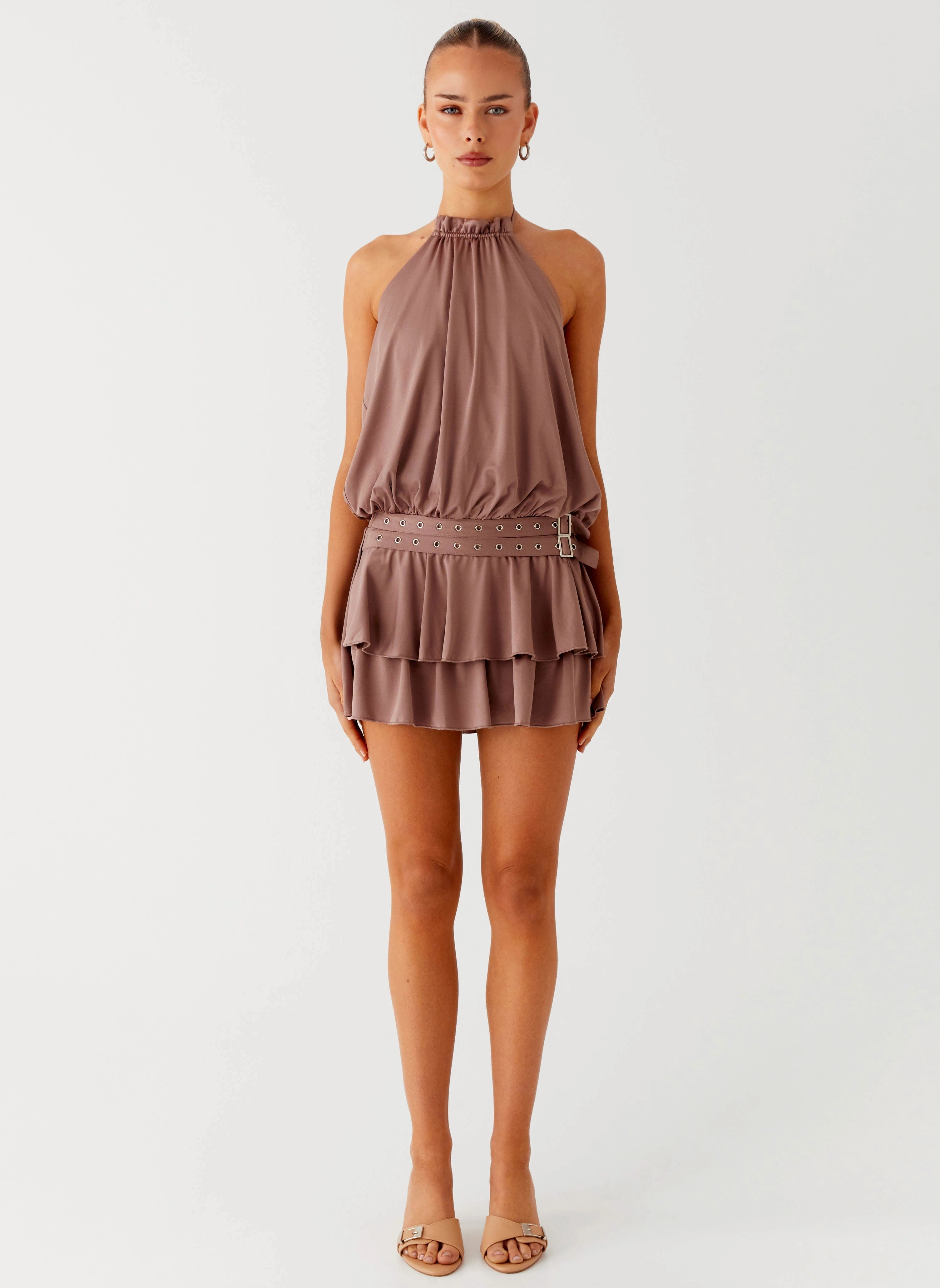 City Style Soft Colorway Dopamine Belt Mini Dress - Taupe