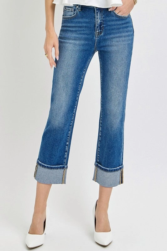 DORY HIGH RISE ANKLE STRAIGHT CUFFED JEANS StretchMaterial