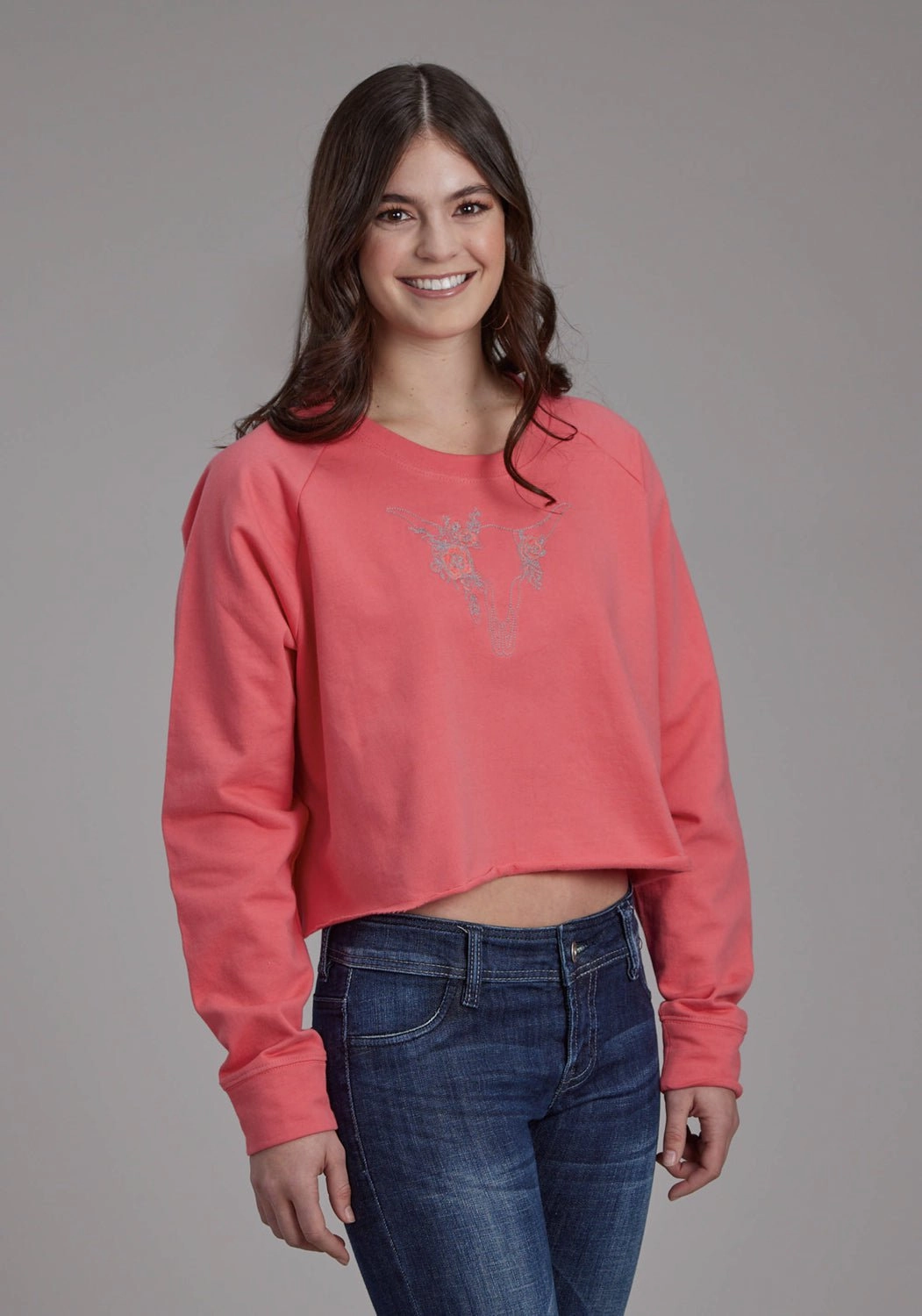 Roper Womens Fleece Longhorn Bright Corral 100% Cotton Sweatshirt Biodegradable Fiber Options