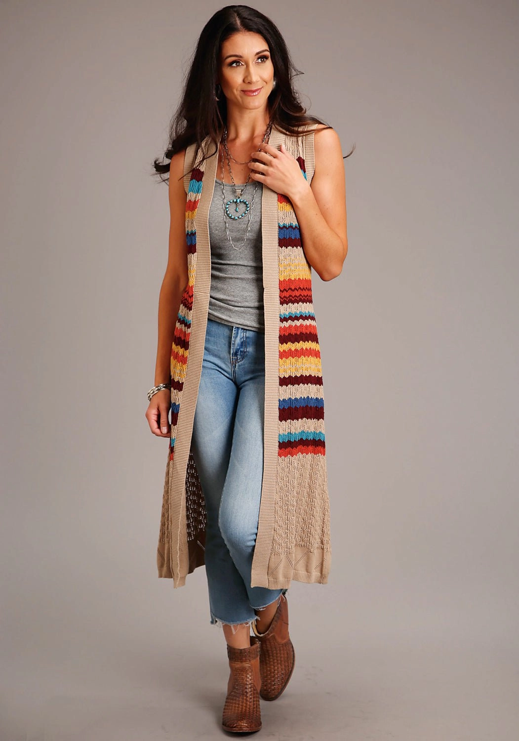 Trendy Wardrobe Warm Essentials Stetson Womens Multi-Color 100% Cotton Open Weave Striped Cardigan