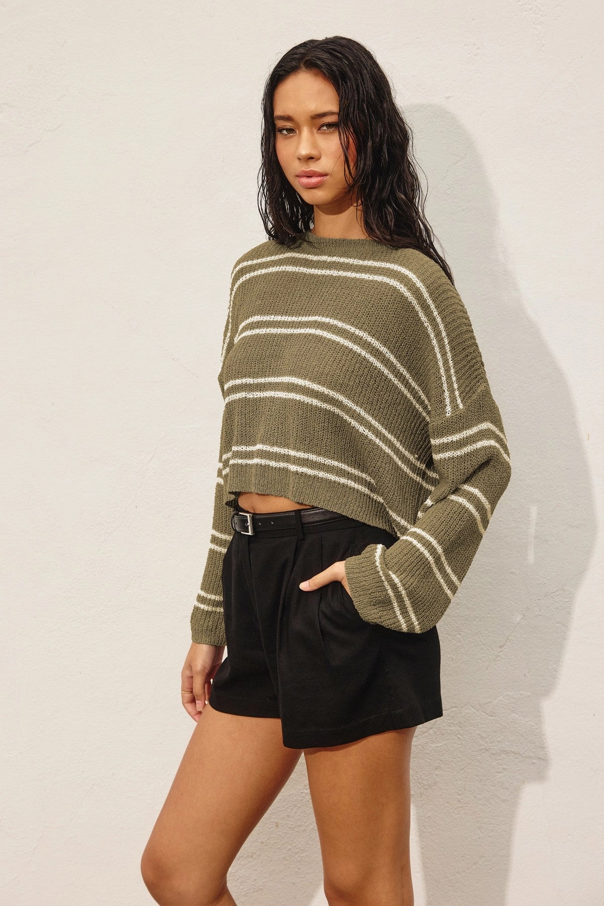 Simple Knitwear Layering Options Double Stripe Knit Sweater - Olive
