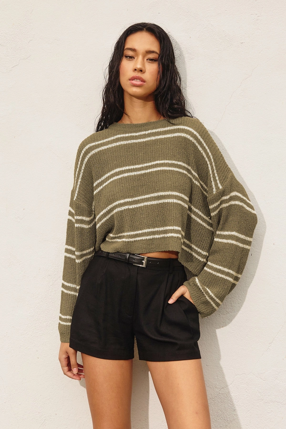 Double Stripe Knit Sweater - Olive Relaxed Layers