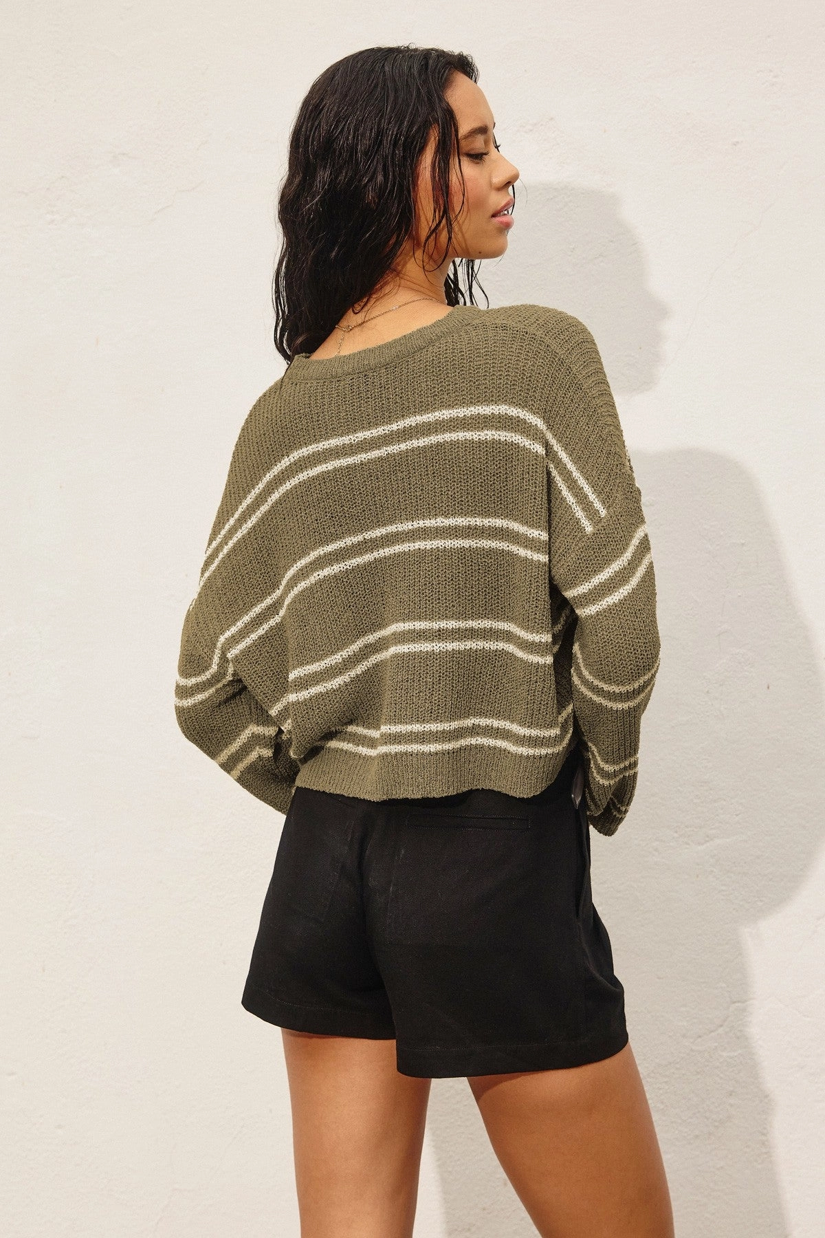 Double Stripe Knit Sweater - Olive Hidden Pocket