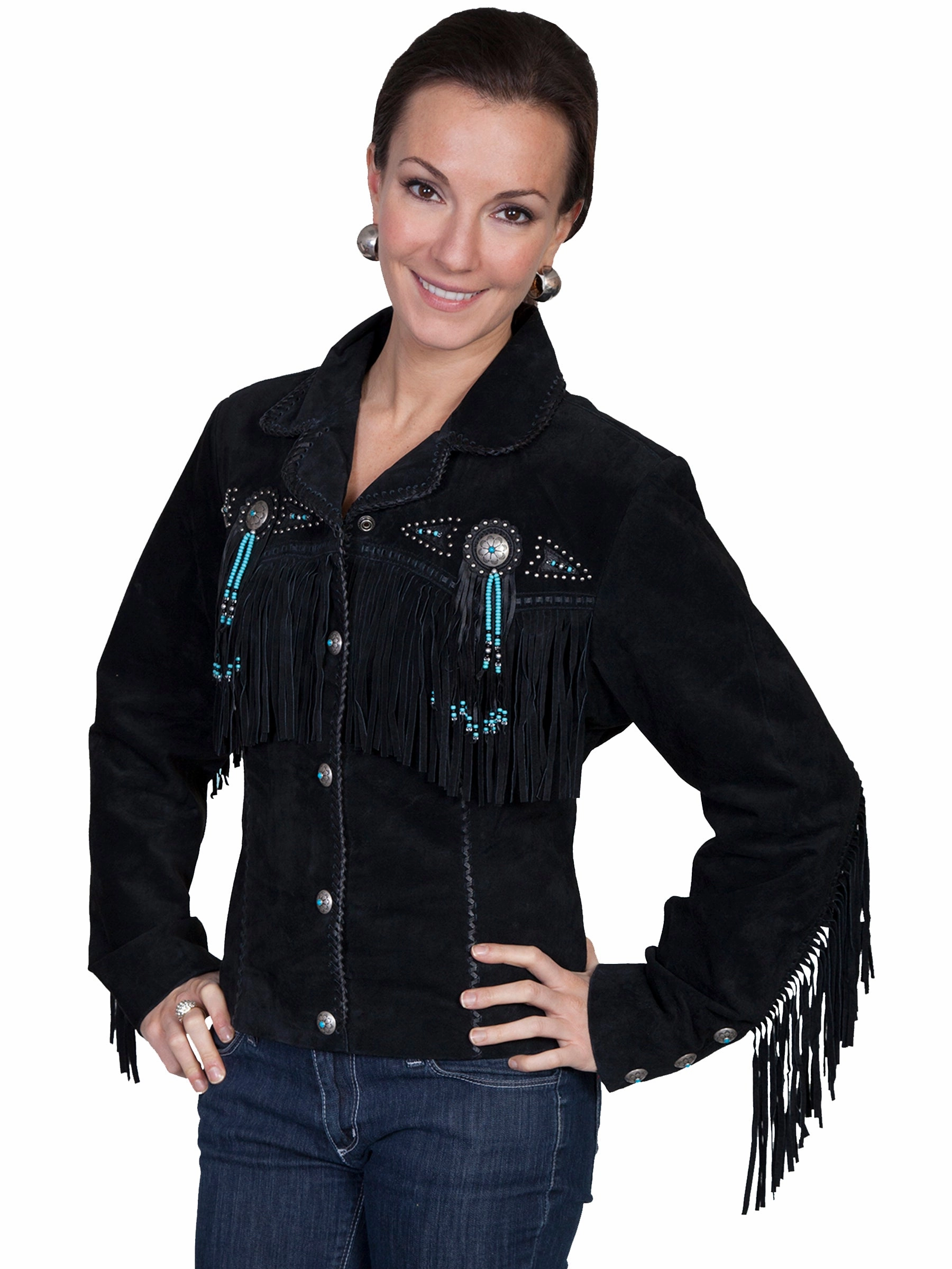 Scully Leather Womens Beaded Fringe Conchos Boar Suede Jacket Black 2X Comfy Street Piece Frictionless Lining