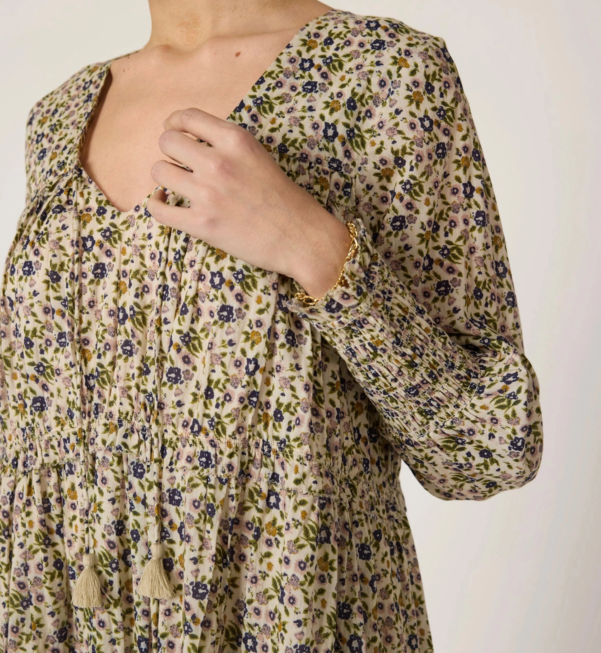 Elasticated Hem Self Fabric Tie Closure Raquel Mini Dress | Eloisa Floral