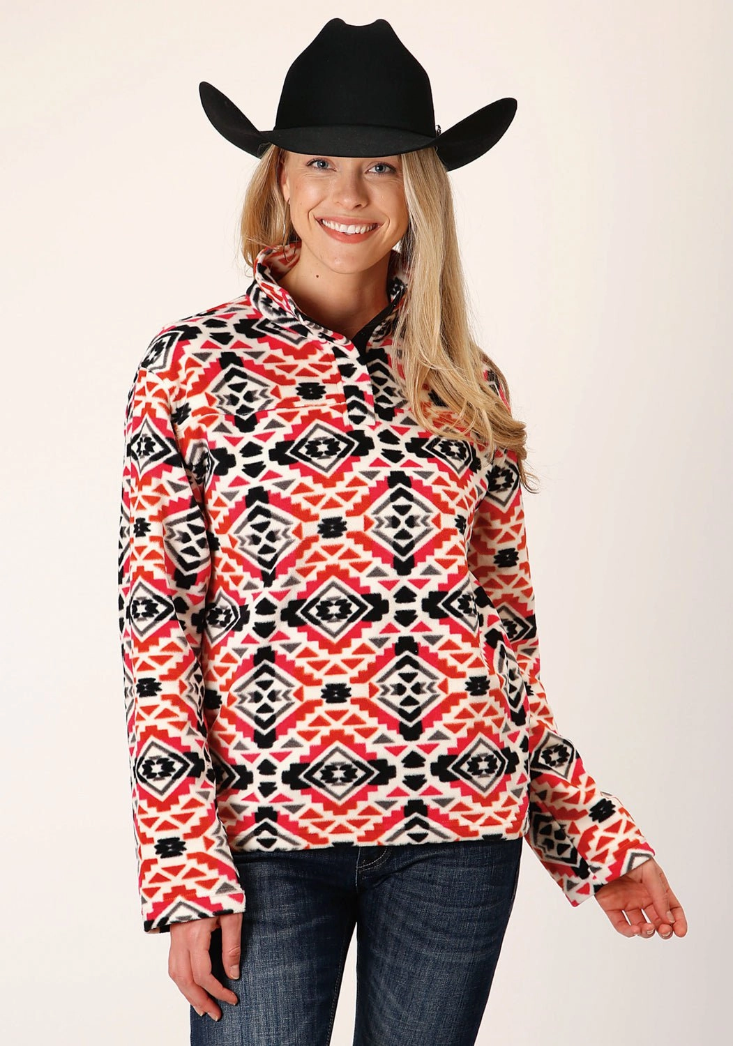 Roper Womens Aztec Print Orange/Black Polyester Fleece Jacket Tear Resistant Fabric Light Day Jacket
