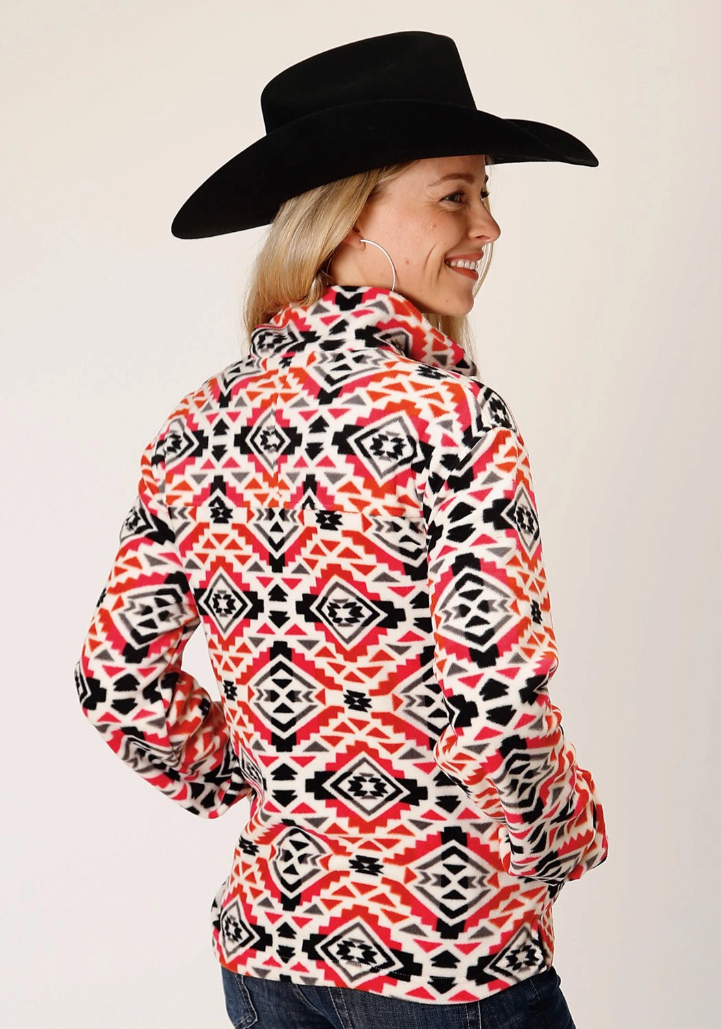 Roper Womens Aztec Print Orange/Black Polyester Fleece Jacket Ergonomic Tailoring Multi Pocket Utility