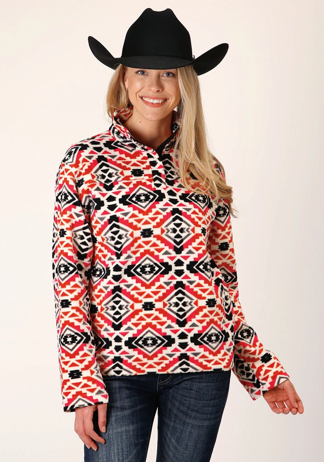 Roper Womens Aztec Print Orange/Black Polyester Fleece Jacket Airflow Ventilation System FlexibleFit