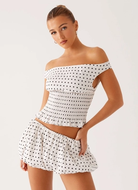 ChafeFreeEdging Heather Off Shoulder Top - White Black Polka Dot