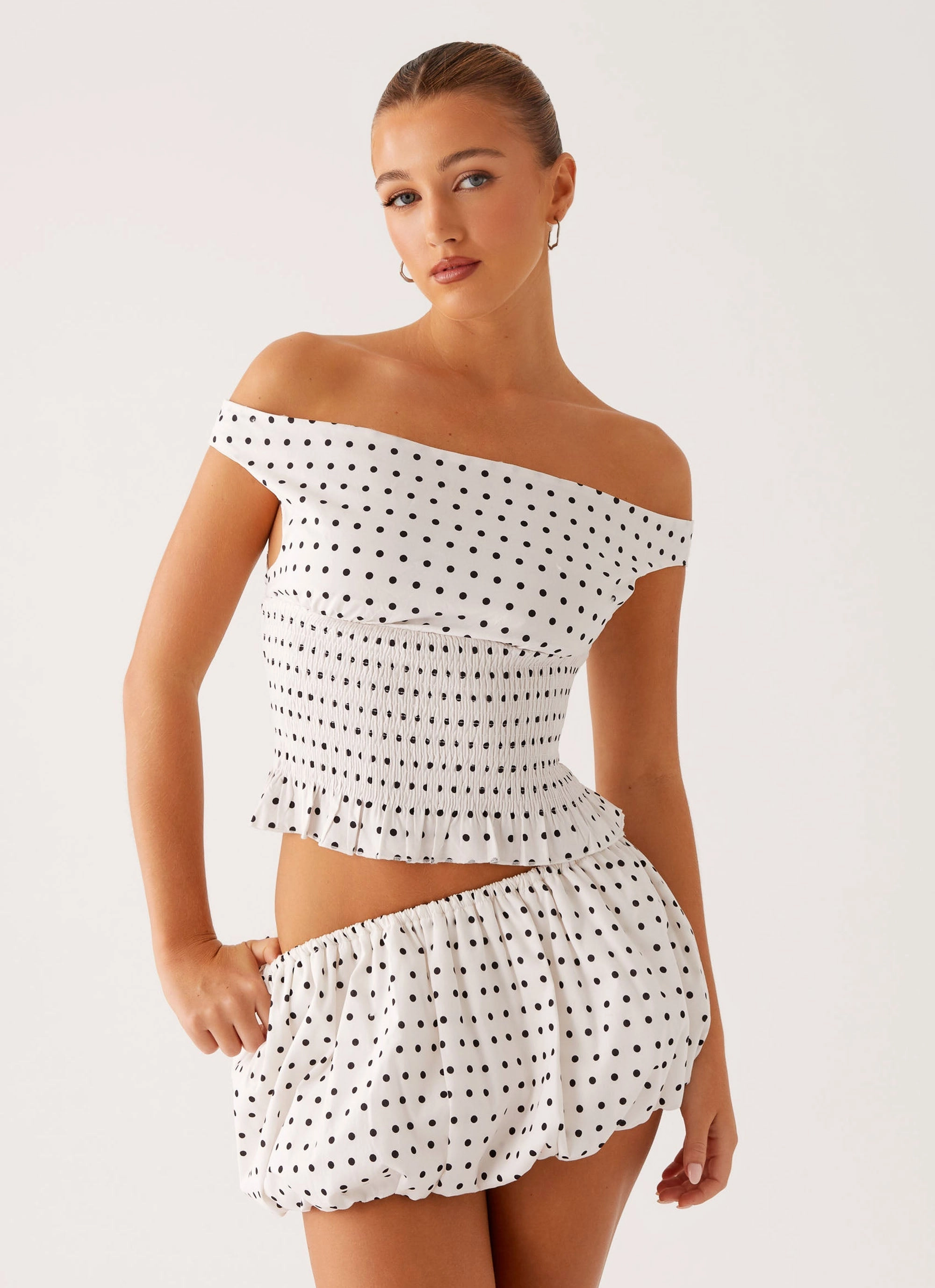 Yarn Dye Stripe ButterSoftTexture Heather Off Shoulder Top - White Black Polka Dot