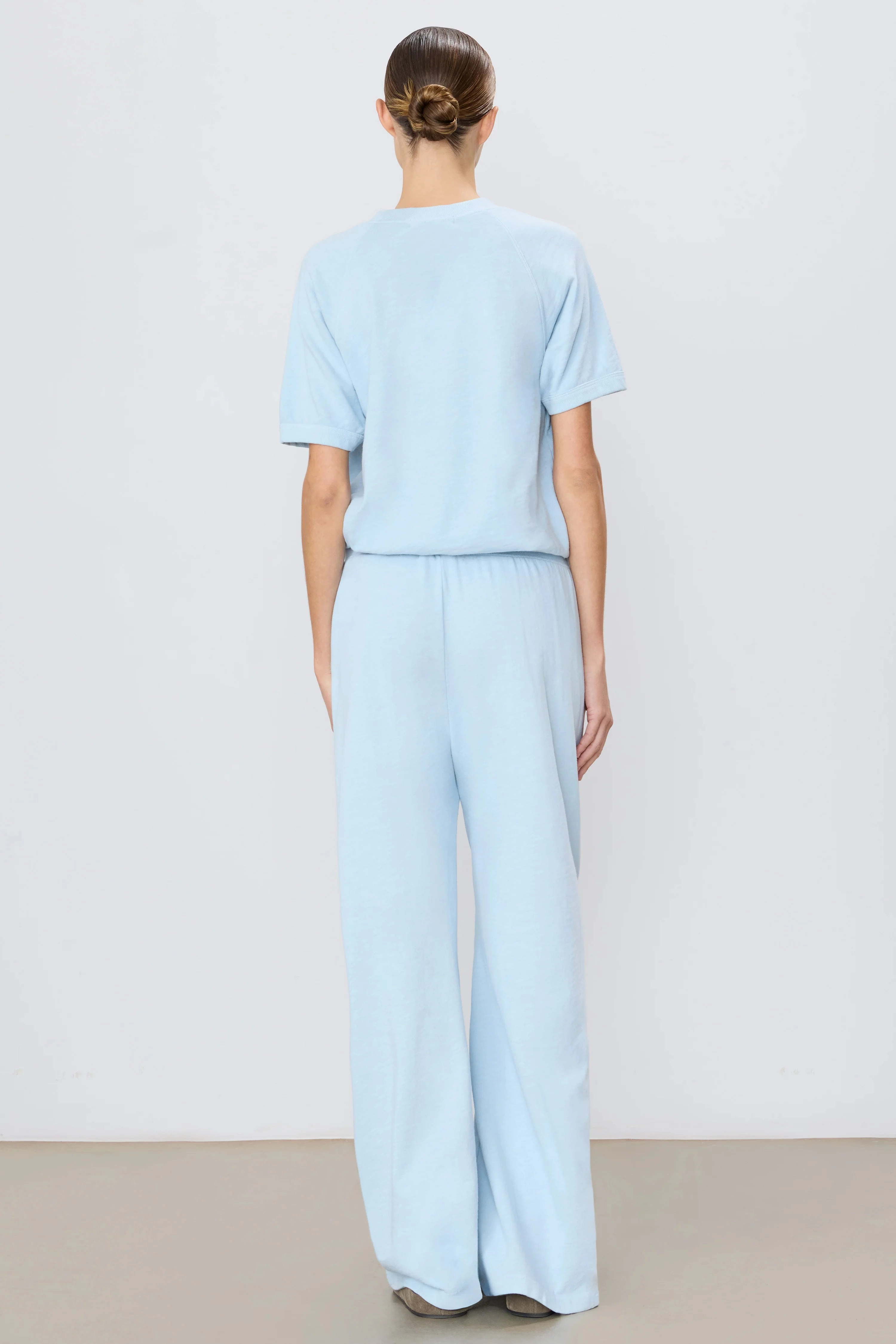 Drawstring Wide Leg Sweatpant in Dusty Blue Frayed hem Cropped hem