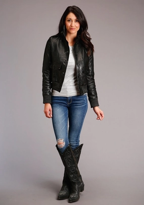 All Season Minimalist Aesthetic Stetson Womens Black Lamb Leather Military Button Jacket