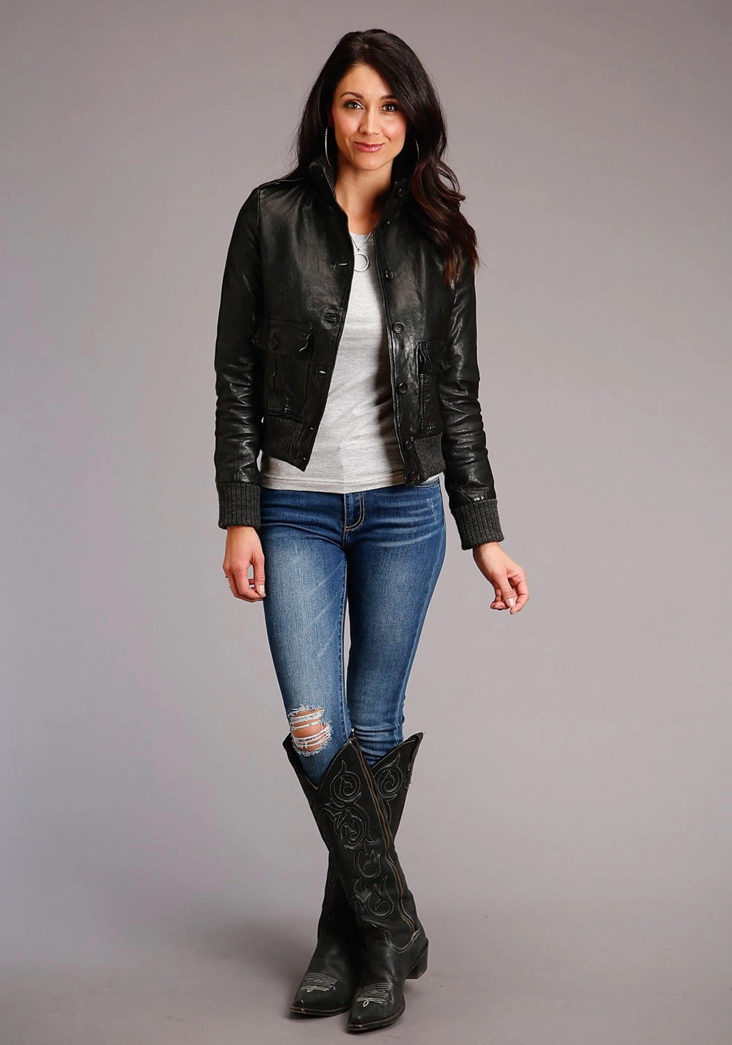 Stetson Womens Black Lamb Leather Military Button Jacket Roll Up Storage Design Waist Belt