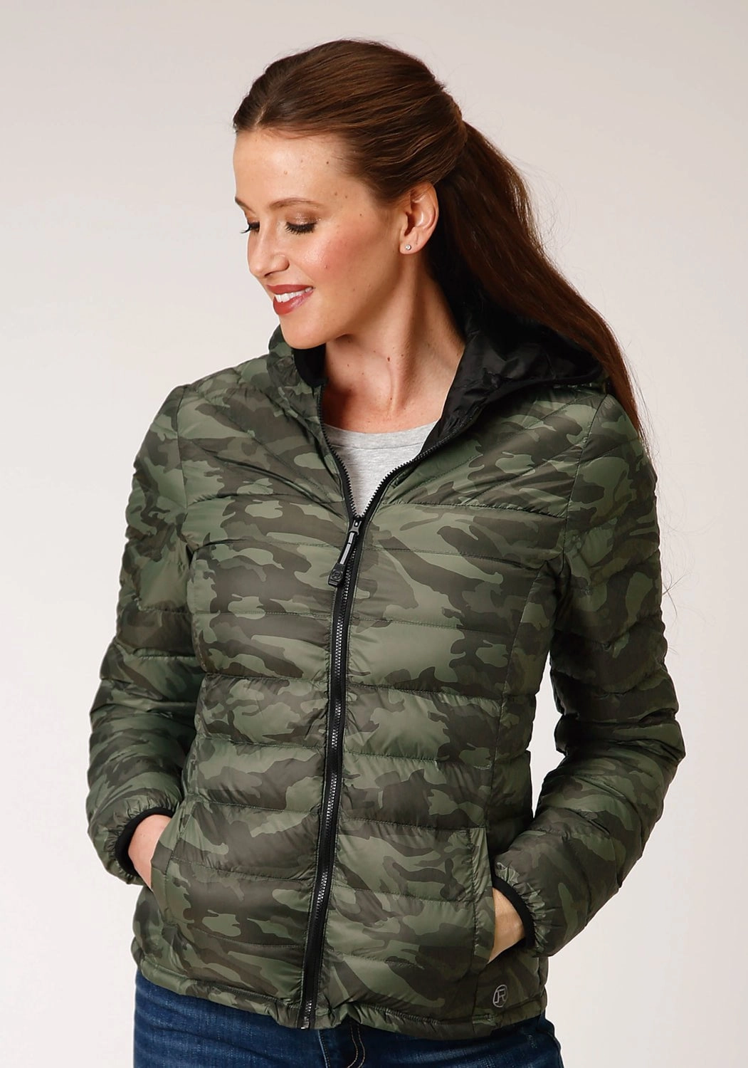 Flexible Knit Roper Womens Camo Nylon Down Filled Hooded Jacket