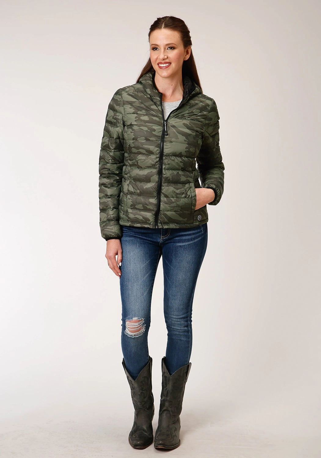 Roper Womens Camo Nylon Down Filled Hooded Jacket Transitional Wear