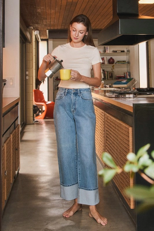 Duffy Super High Rise Cuffed Baggy Straight Jeans FoldableFeature Tagless Labeling