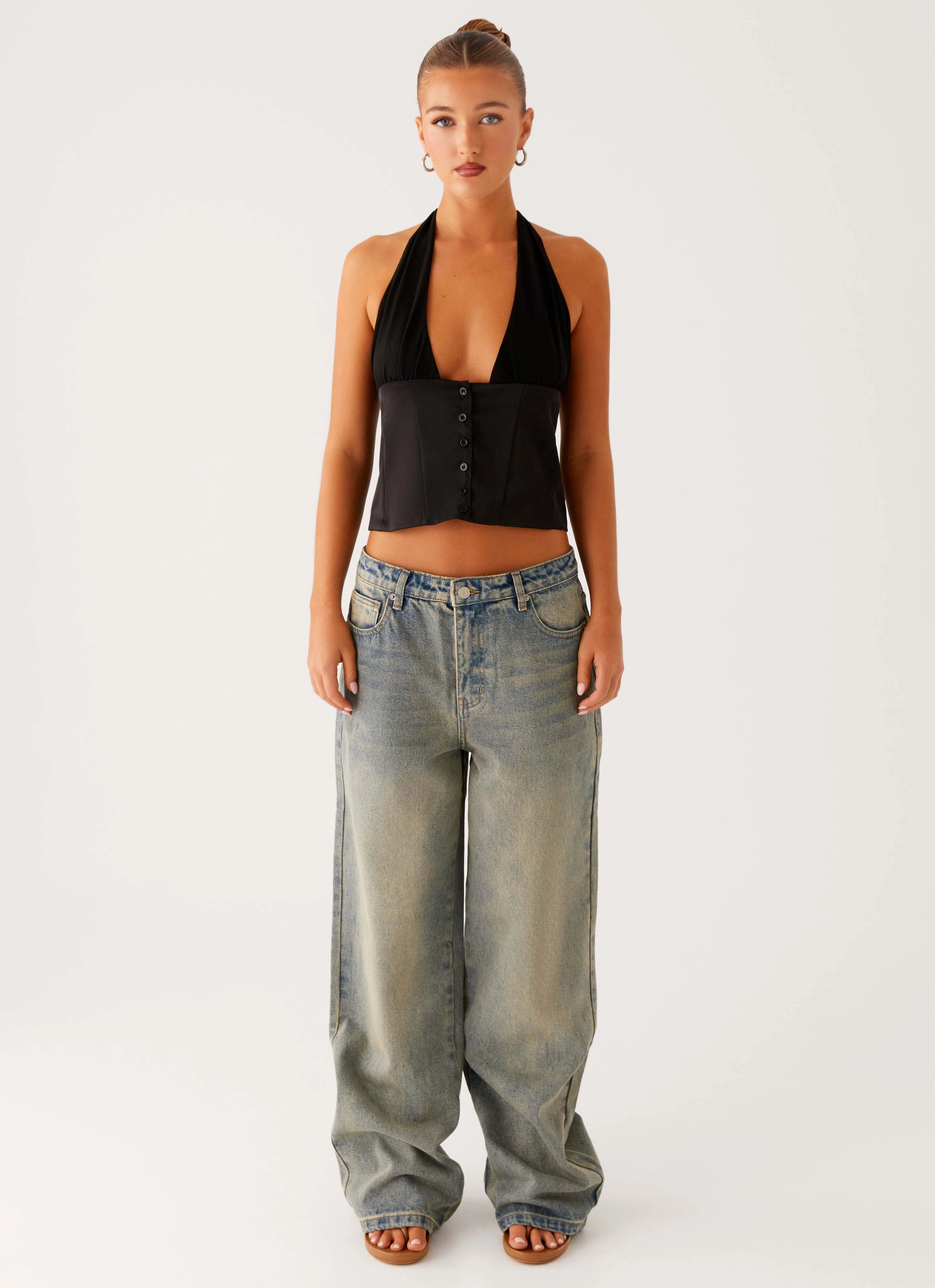 Casual Fit Abrasion Resistant Surface Lets Pretend Halterneck Top - Black