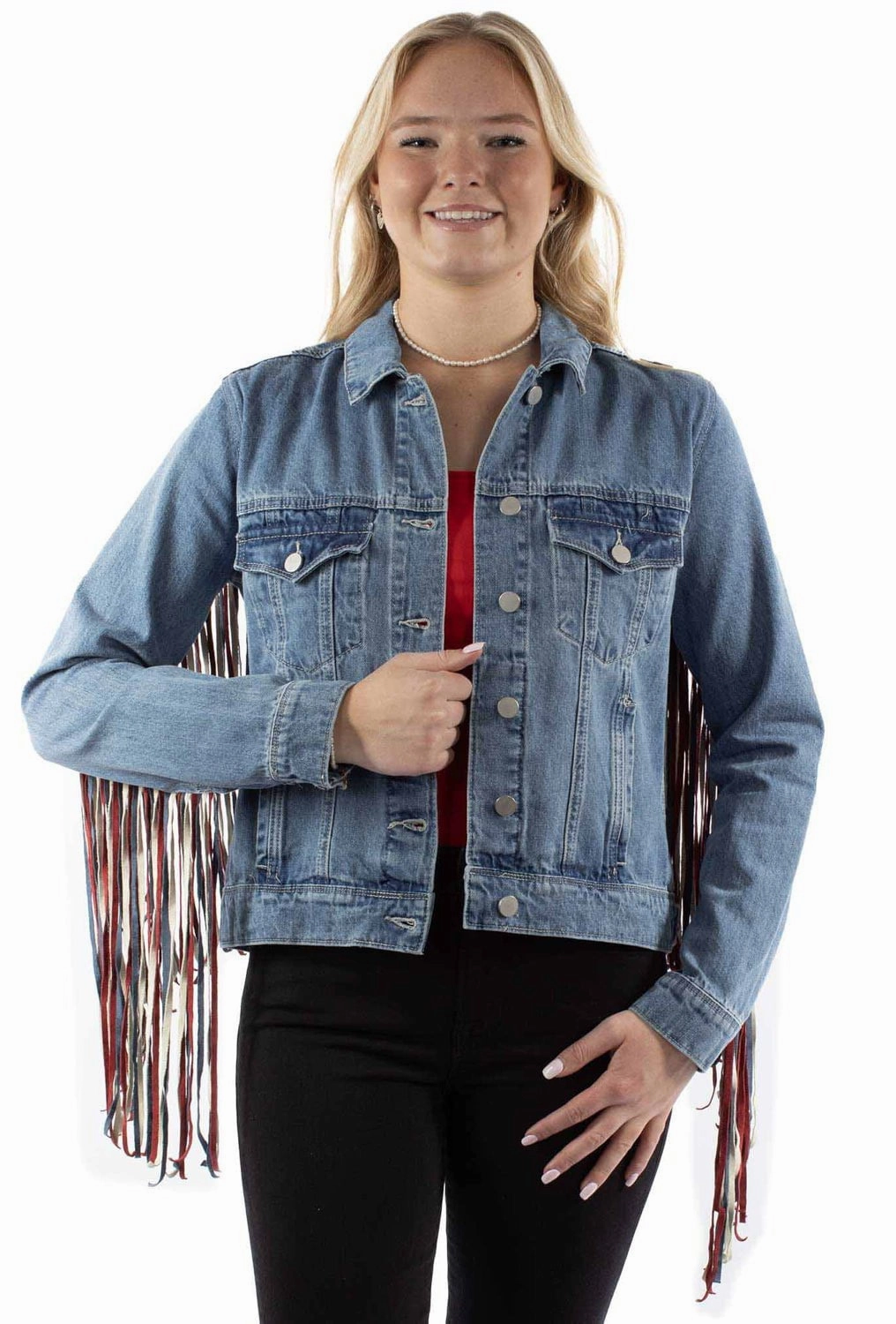Scully Womens Americana Denim Fringe Red/White/Blue Cotton Blend Cotton Jacket All Ground