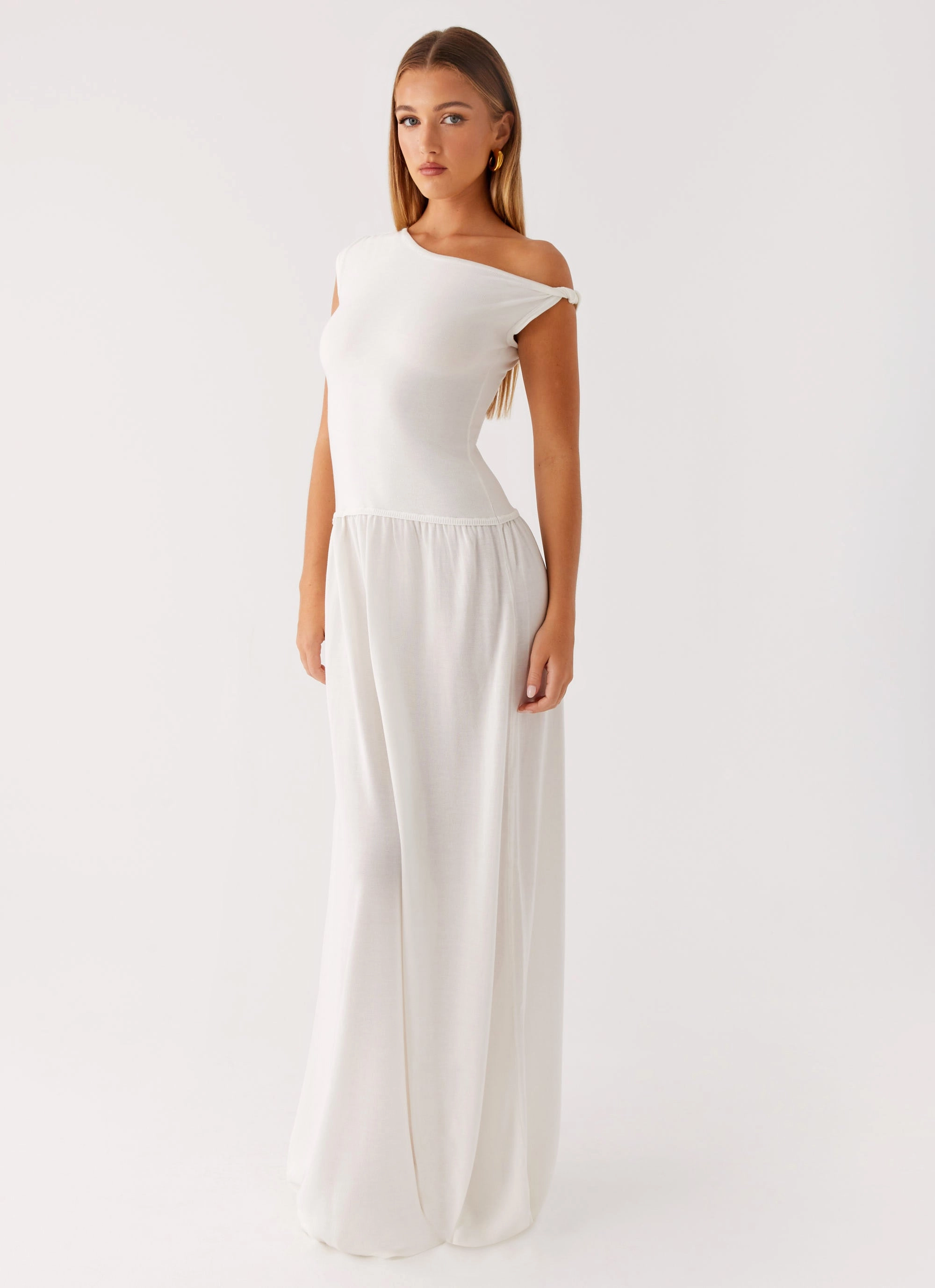 Layered Design Relax Piece Ardella One Shoulder Maxi Dress - Ivory
