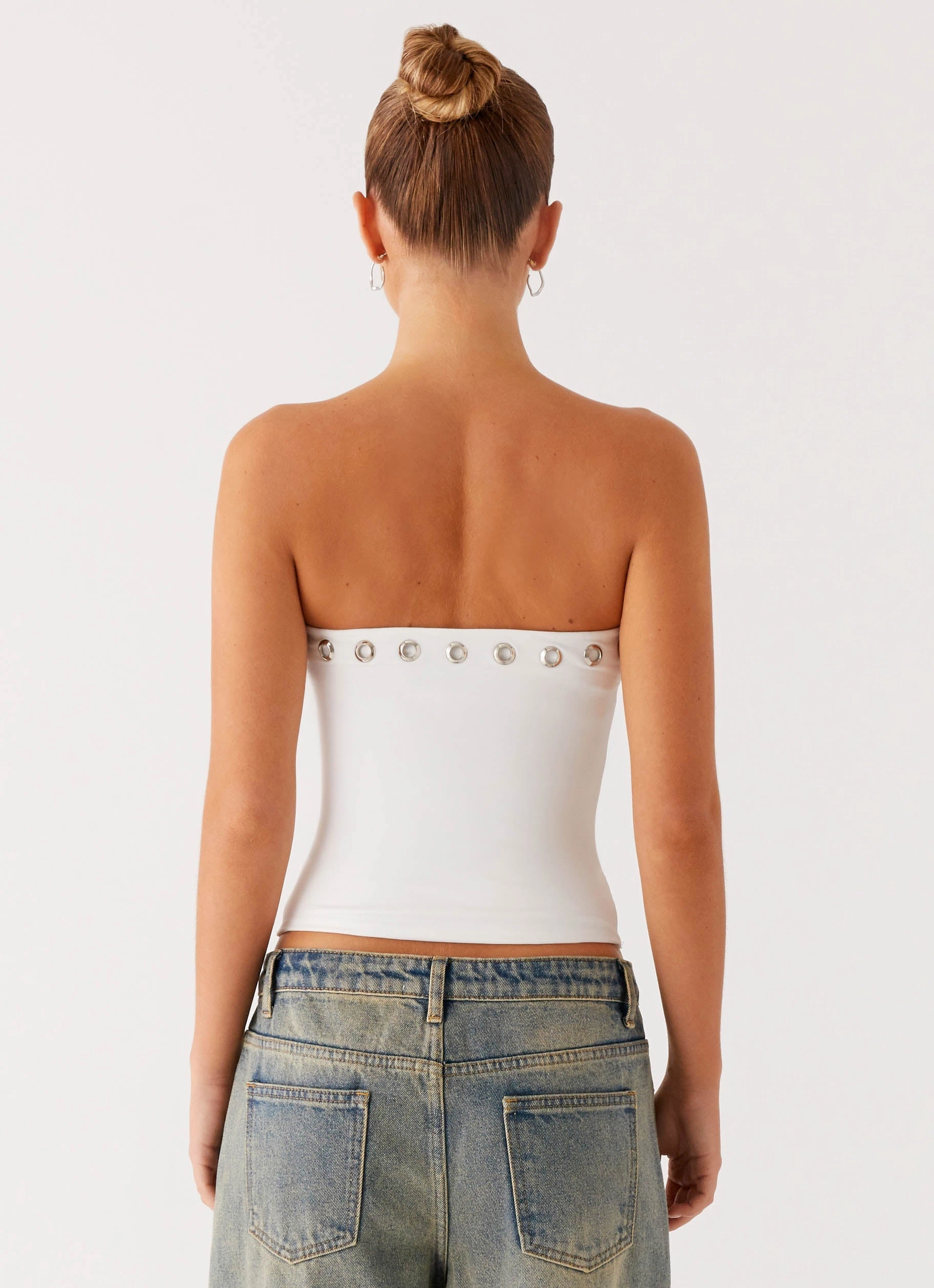 Miku Eyelet Strapless Top - White Compact Jacquard Weave