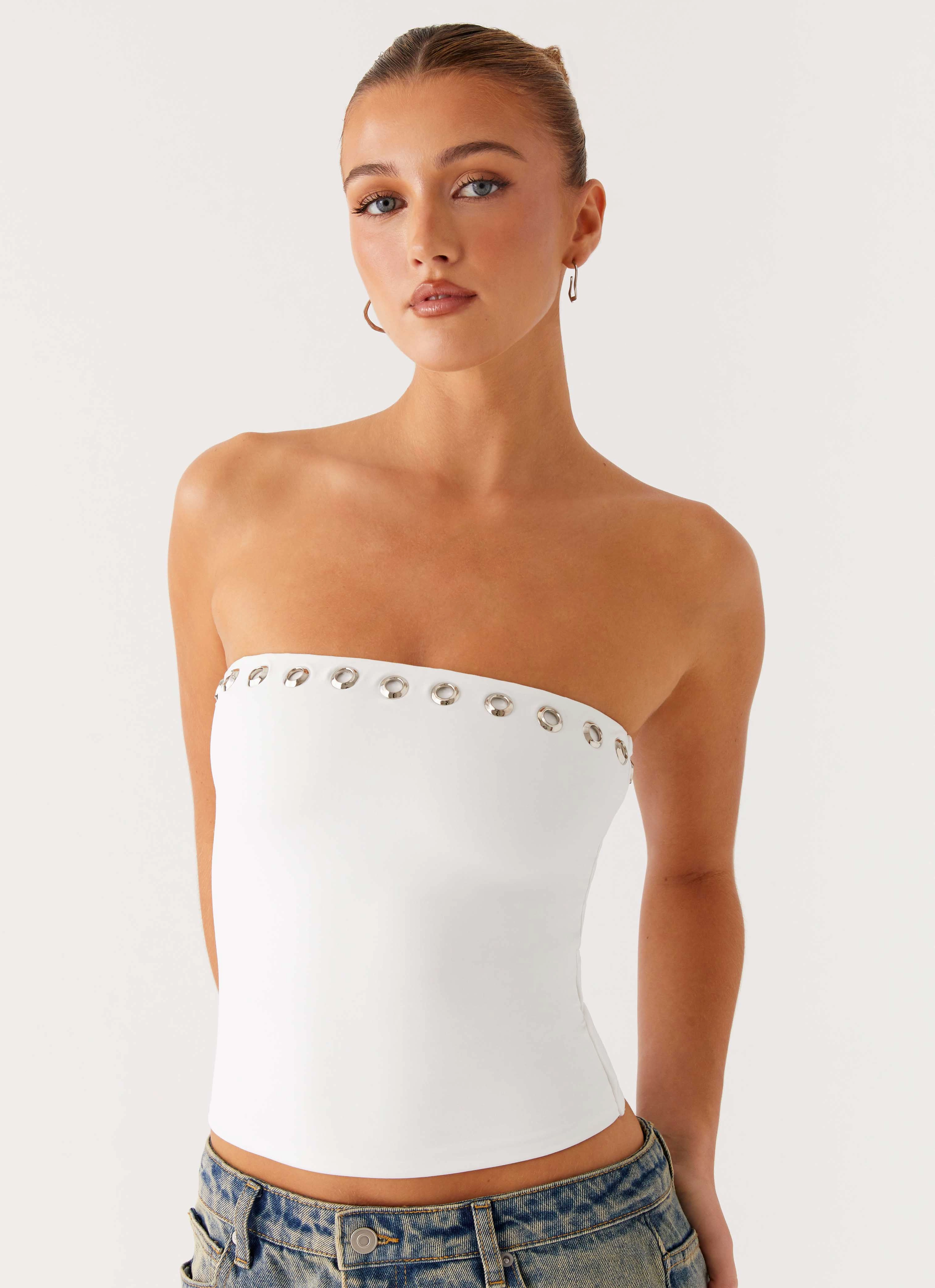 Relaxed Fit Shirt Metallic Fiber Blend Miku Eyelet Strapless Top - White