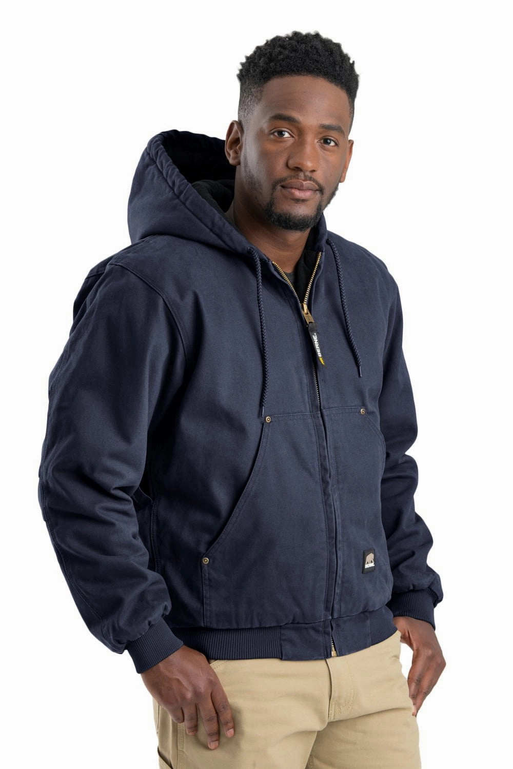 Berne Mens Navy 100% Cotton Heartland Washed Hooded Jacket Advanced Wickability System Adjustable Cuff Design