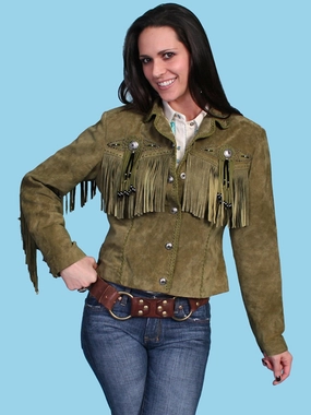 Scully Womens Fringe Beaded Olive Leather Leather Jacket Zippered Vents ElasticizedWaistbandSystem