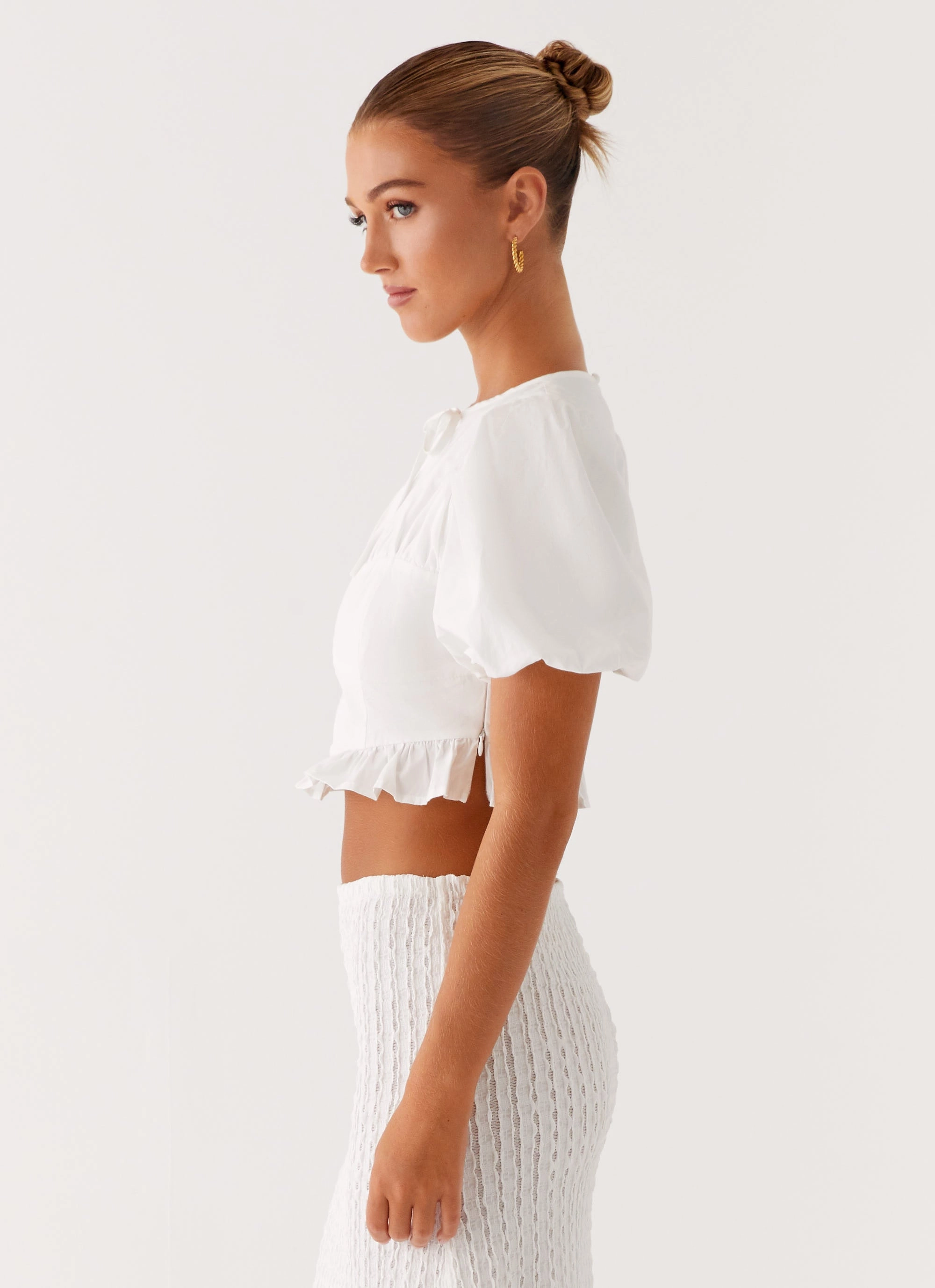 Megan Balloon Sleeve Top - White Cool Weather