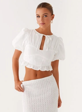 Megan Balloon Sleeve Top - White QuickDry Texture