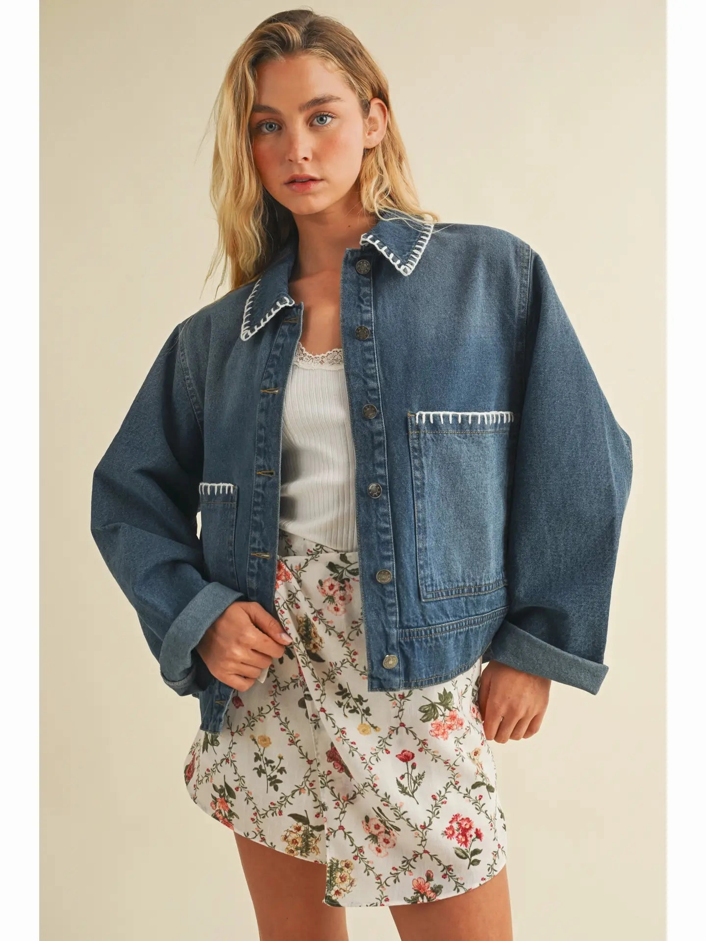 Blanket Stitch Denim Jacket Cozy Cardigan