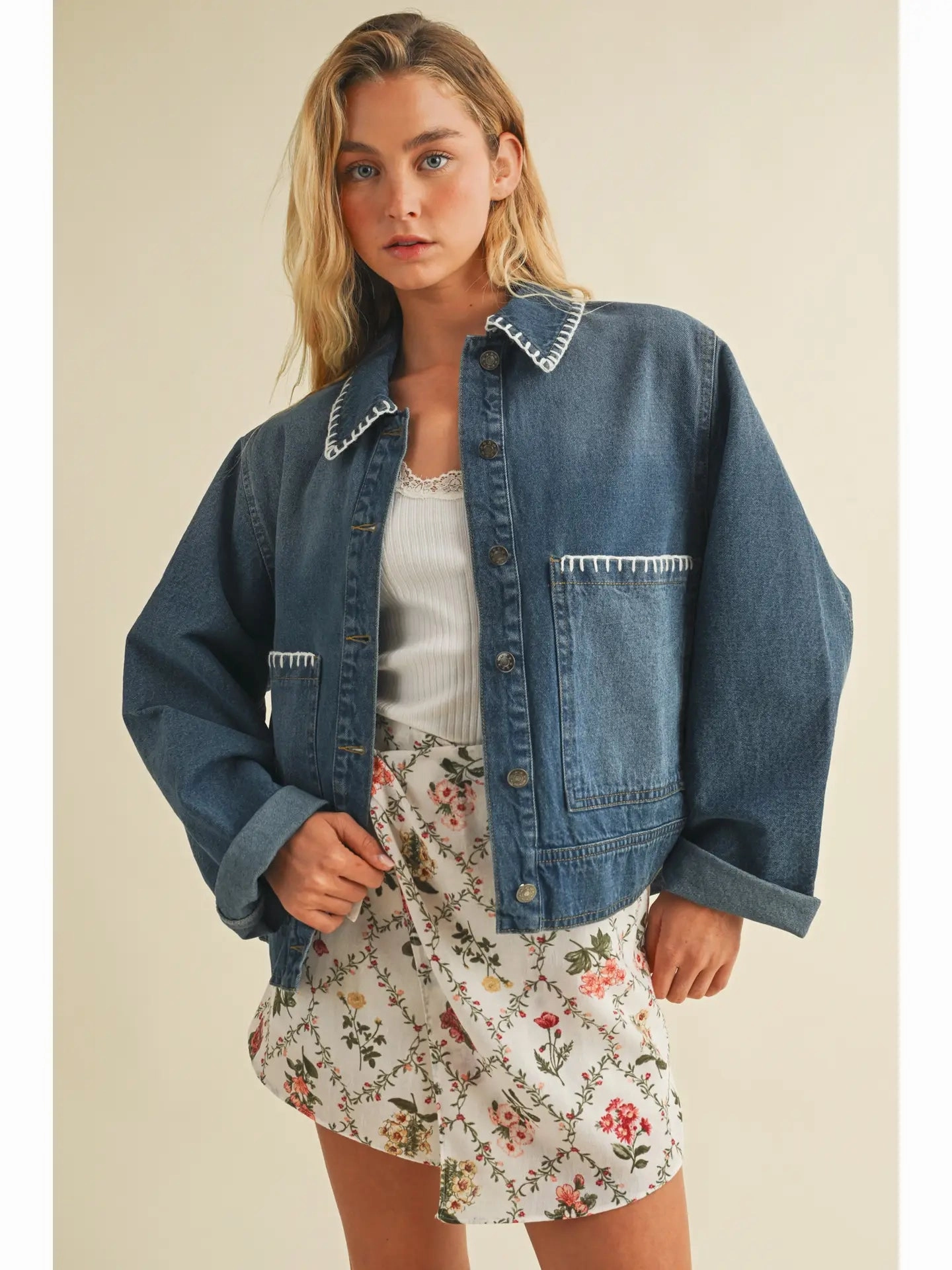 AntiPillingTreatment MinimalistSilhouette Blanket Stitch Denim Jacket