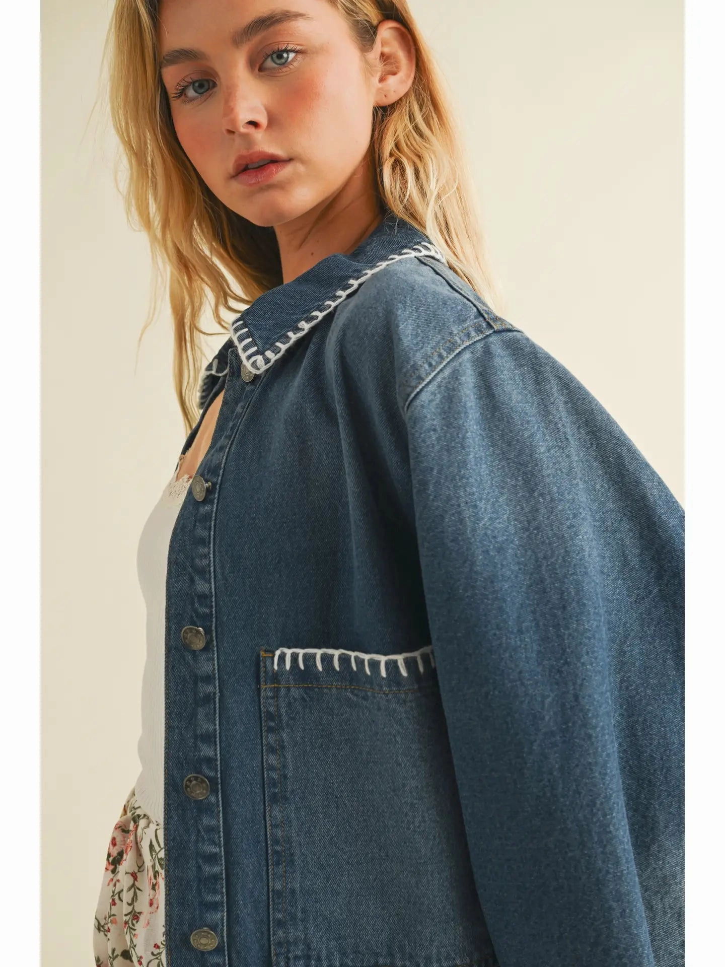 Soft Sweater Blanket Stitch Denim Jacket