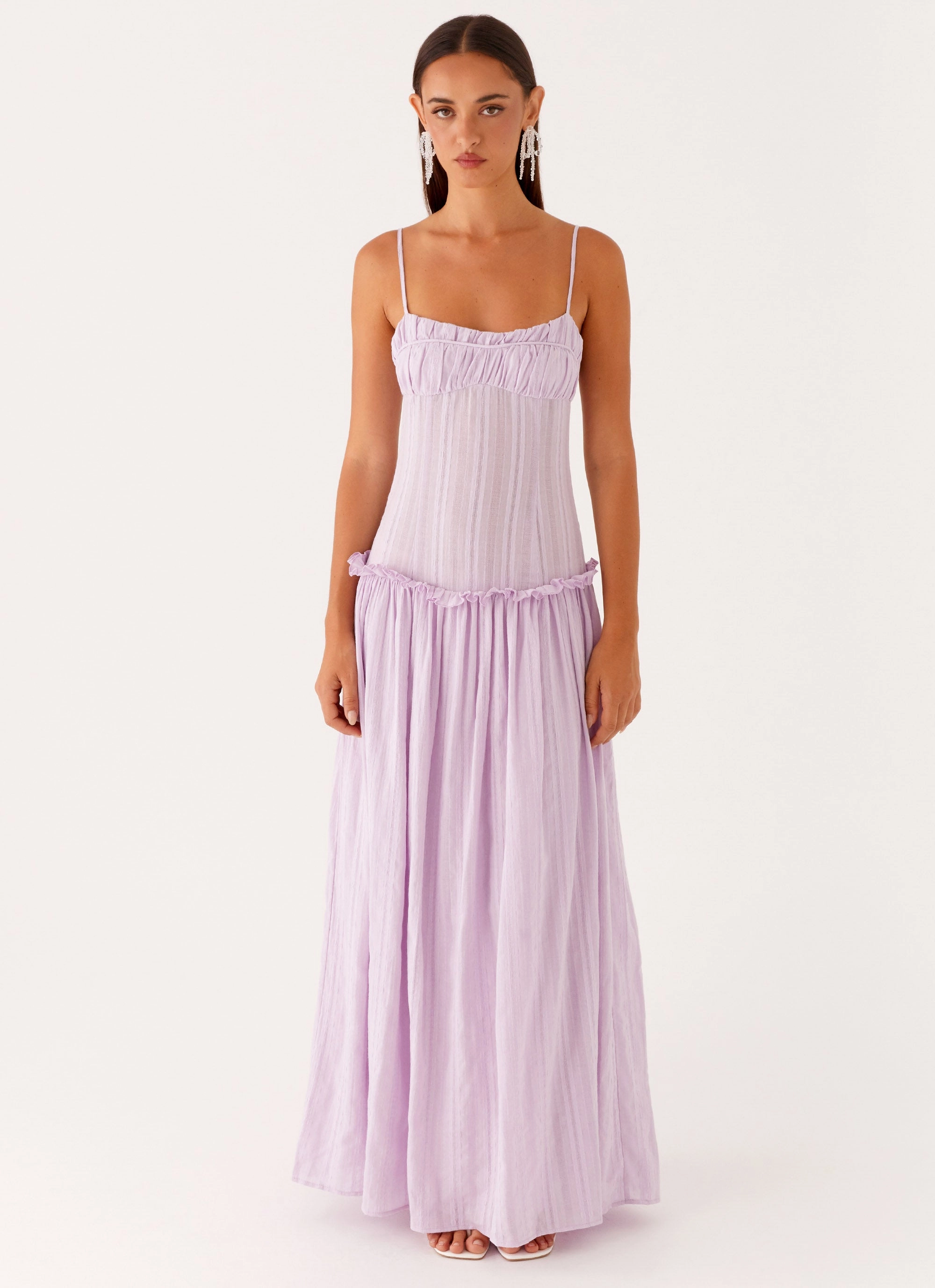Soft And Comfortable Pearl-Detail Jacinda Drop Waist Maxi Dress - Lavender