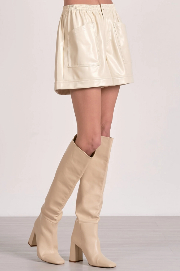 Office Wear Soft Touch Fabric Easy Breezy Leather Shorts  - White