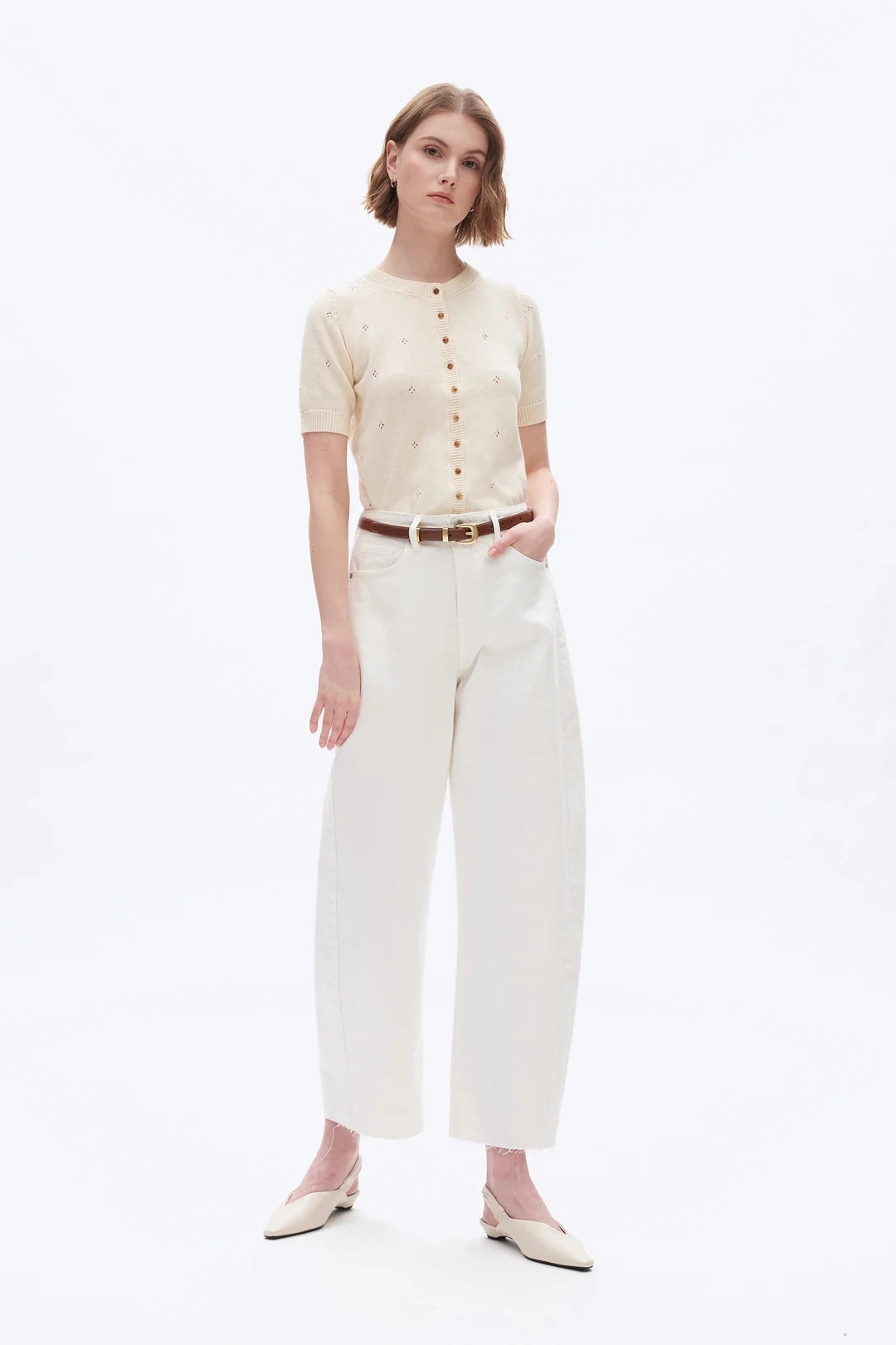 Two Tone Weave Hybrid Fabric Blend Super High Rise Barrel Leg Denim Jeans - White