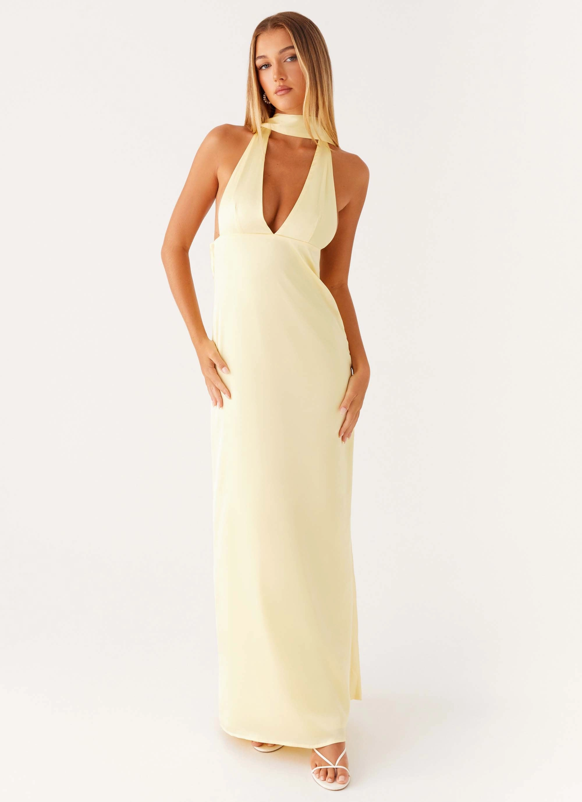 Alicia Satin Halter Maxi Dress - Yellow Grace Walk