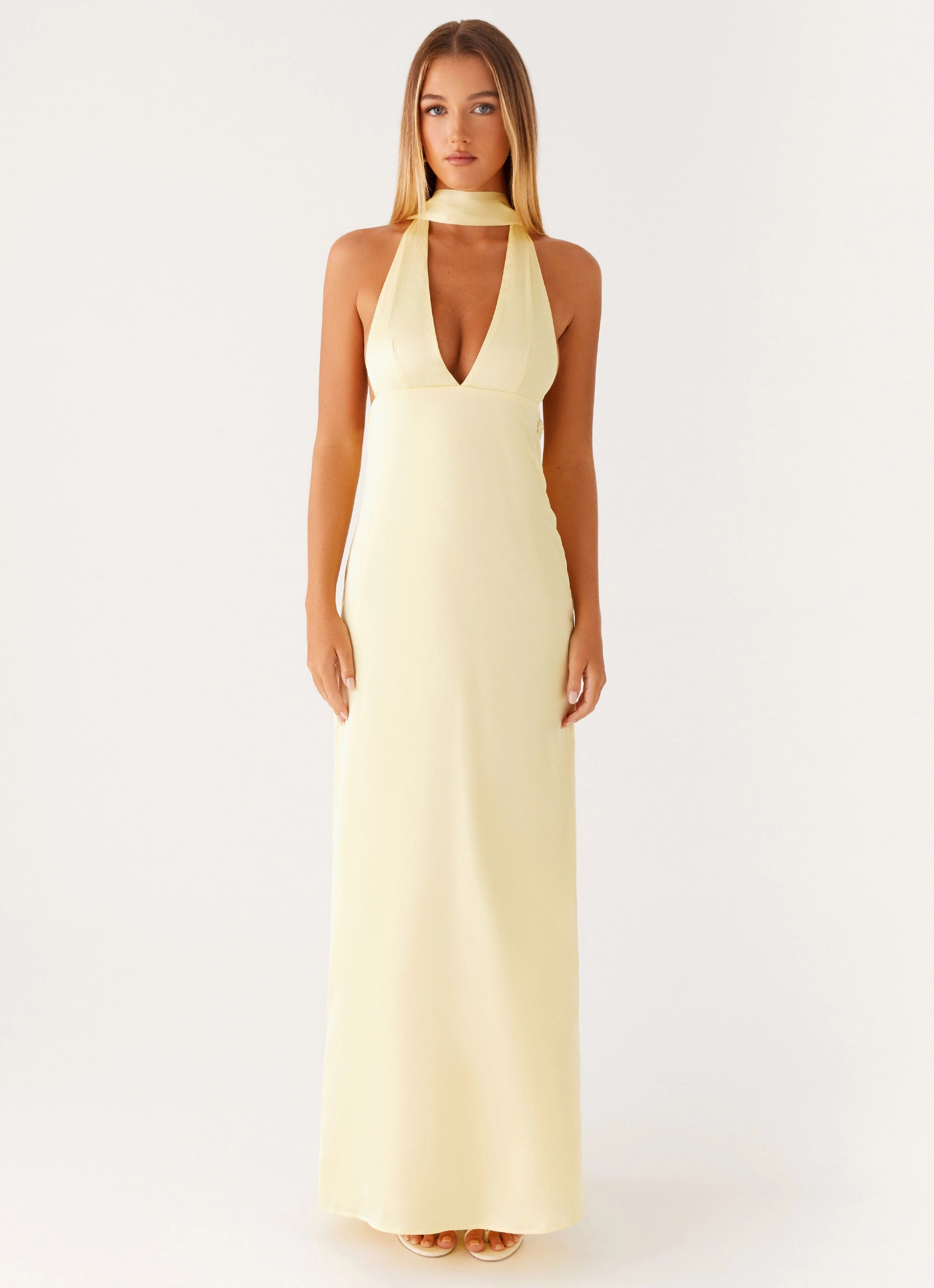 Playful Cut Alicia Satin Halter Maxi Dress - Yellow