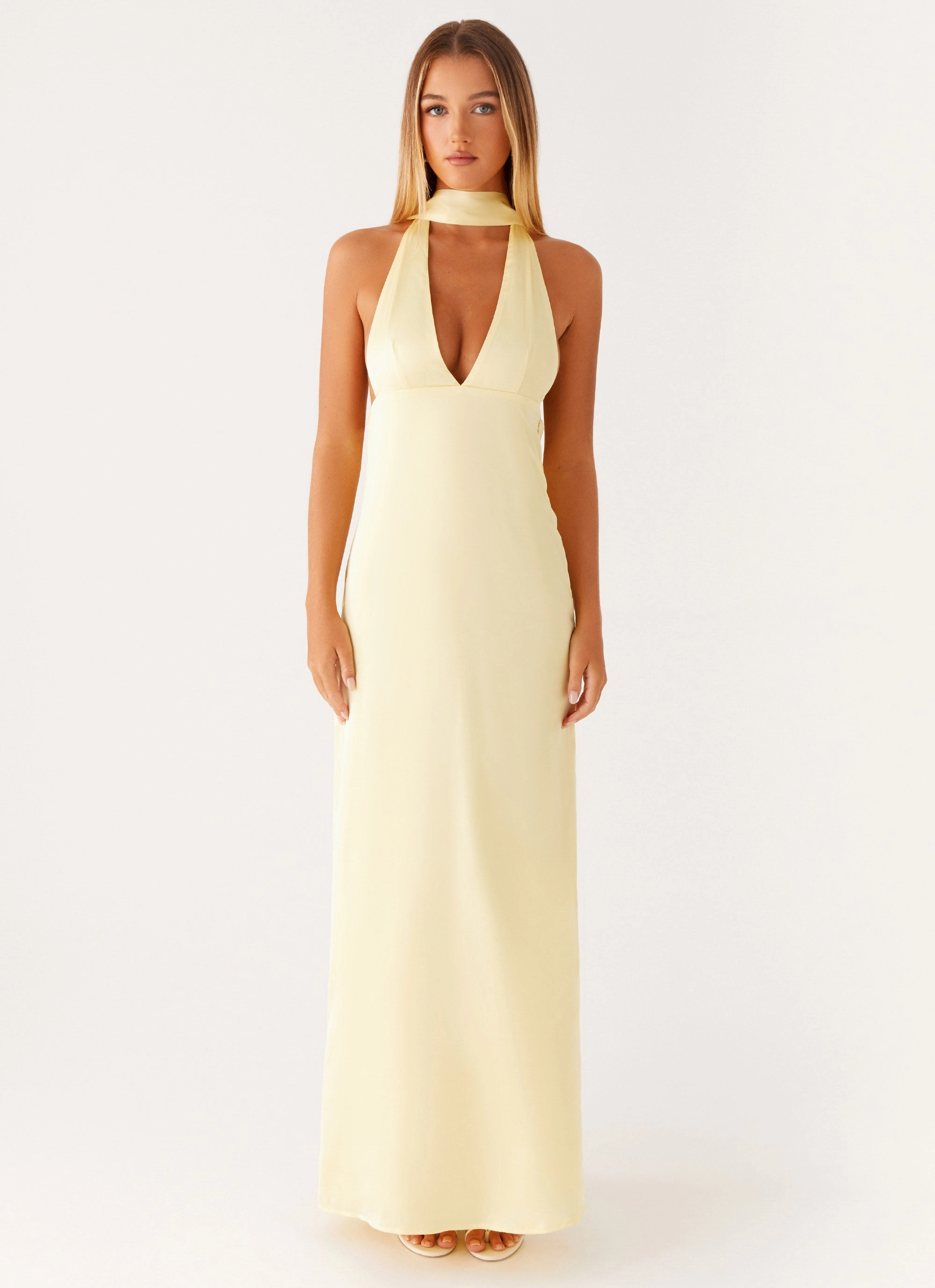 Alicia Satin Halter Maxi Dress - Yellow Care-Instructions-Included