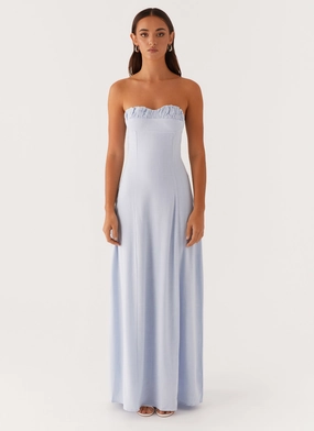 Tayla Linen Maxi Dress - Blue Fitted Neat Hook-And-Eye