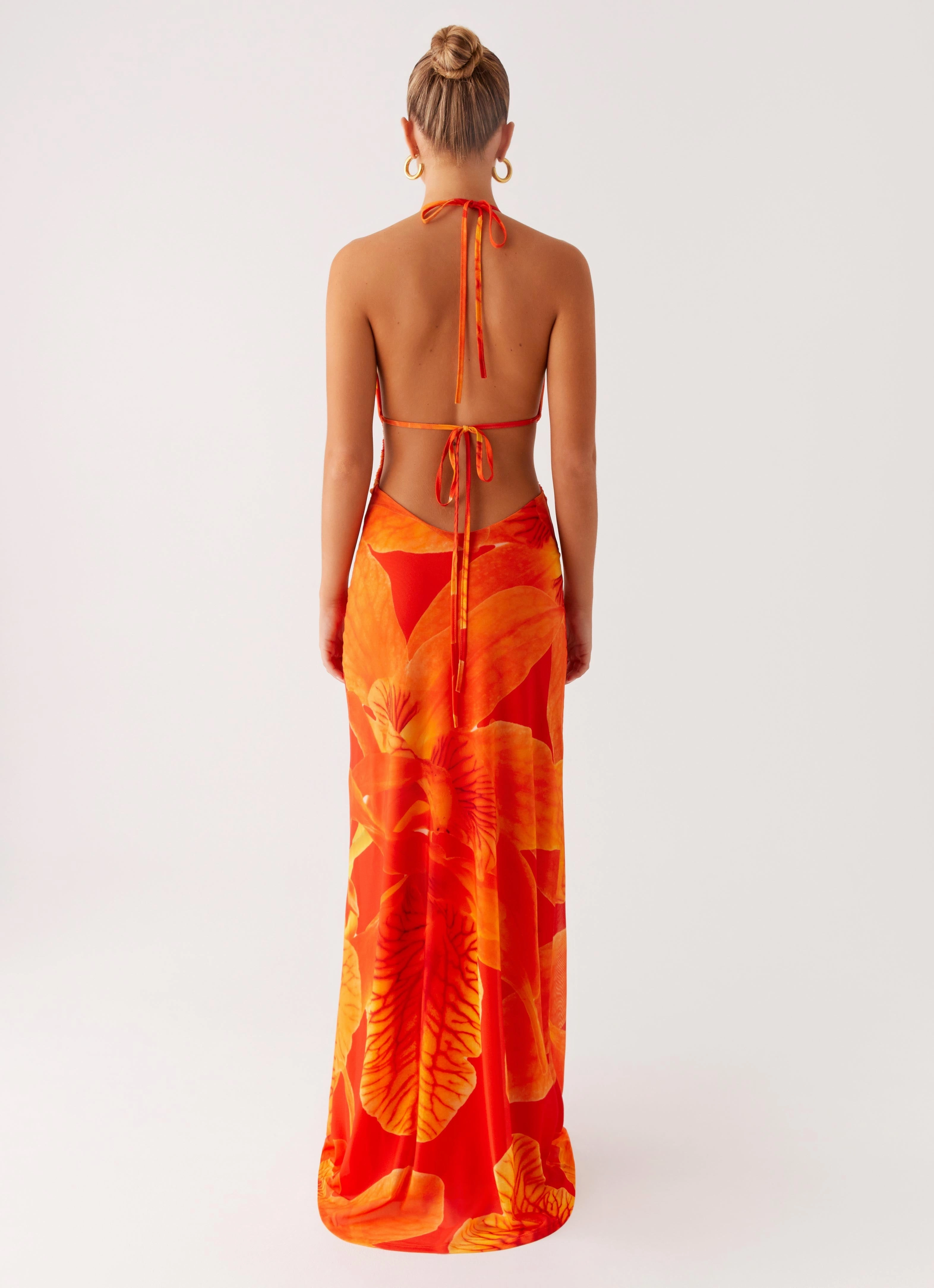 Palawan Mesh Maxi Dress - Orange Floral Golden Scene Peace View