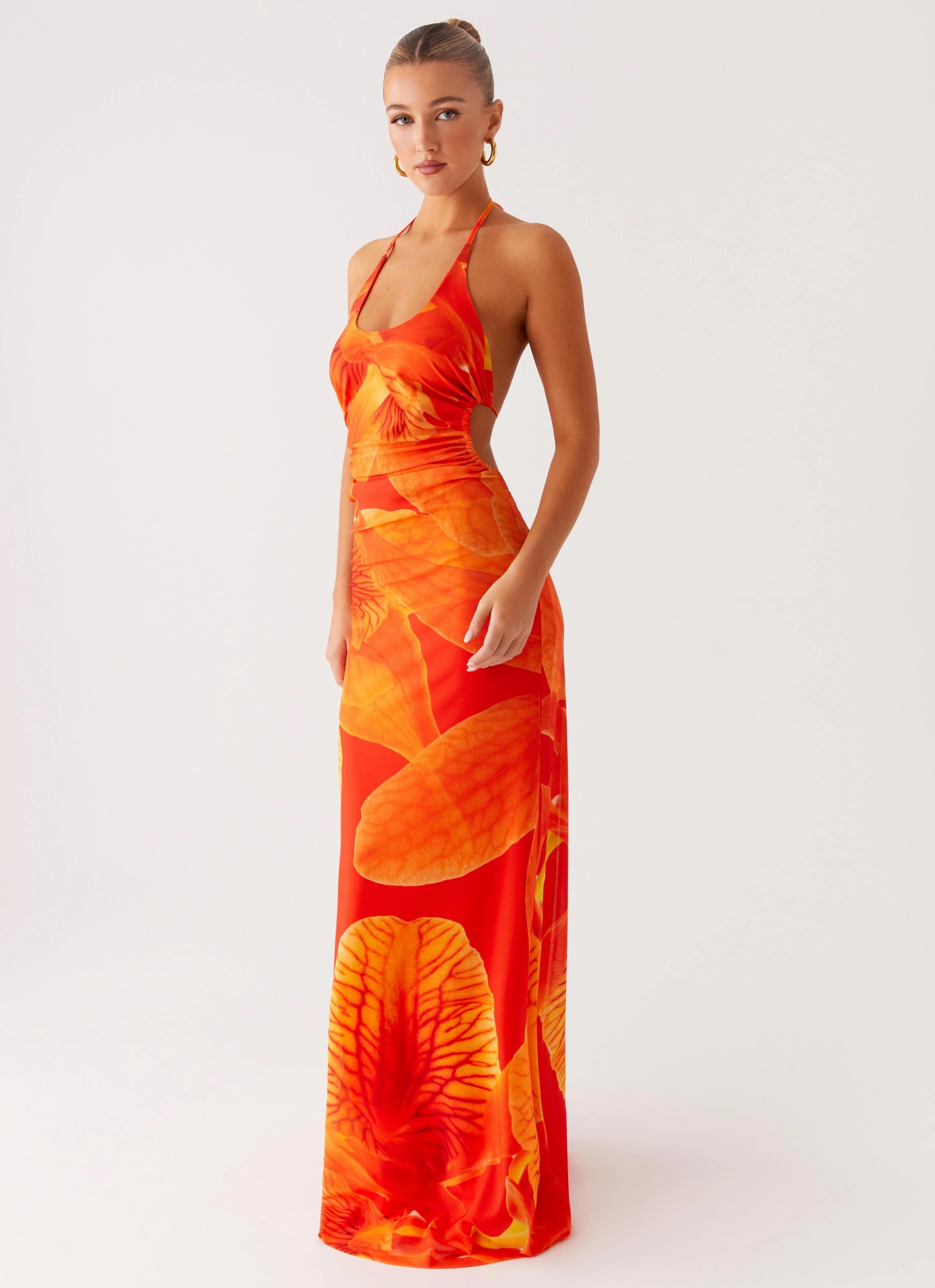Palawan Mesh Maxi Dress - Orange Floral Neutral palette Subtle Stitch