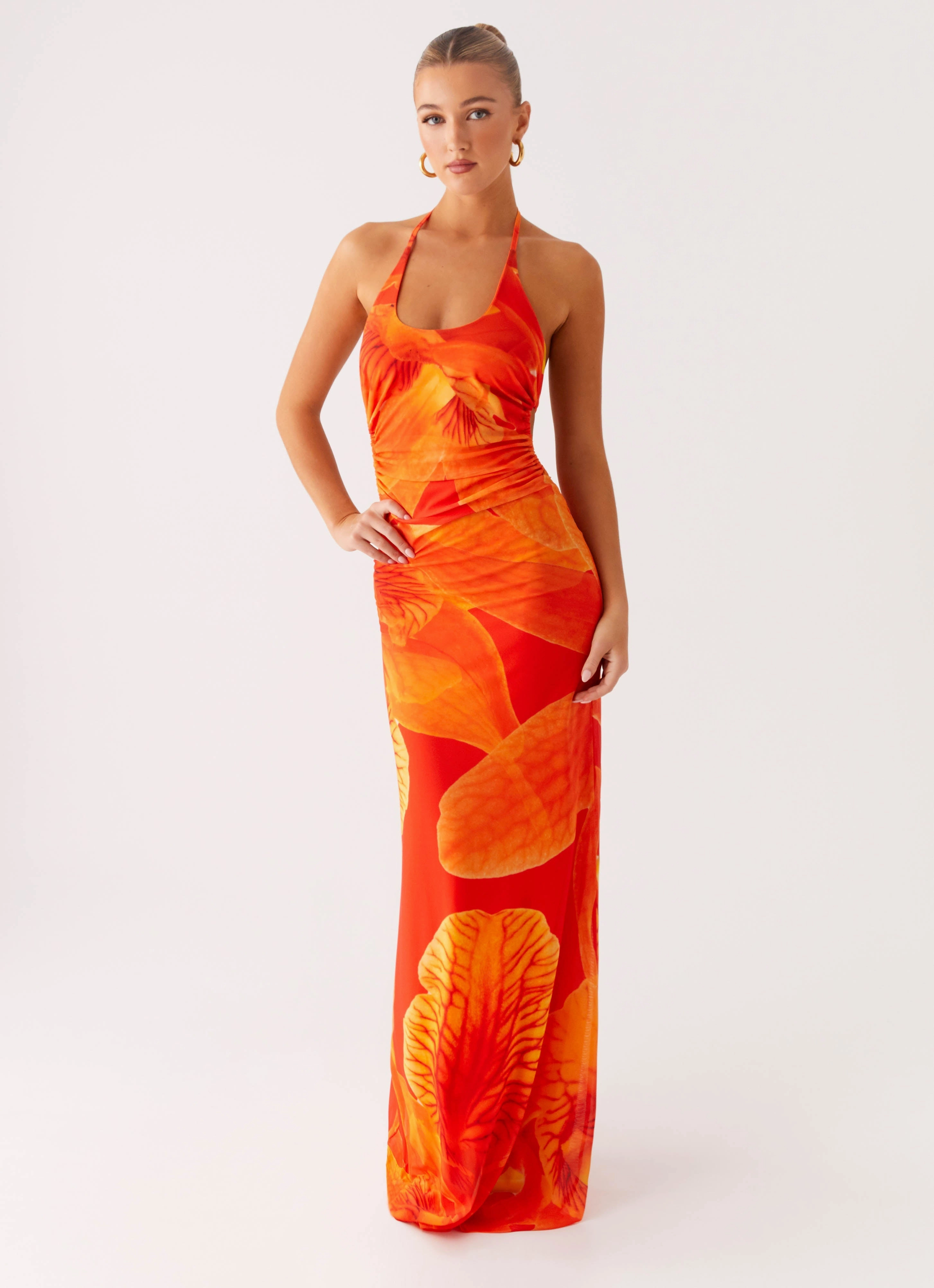 Smart Texture Photo Light Palawan Mesh Maxi Dress - Orange Floral
