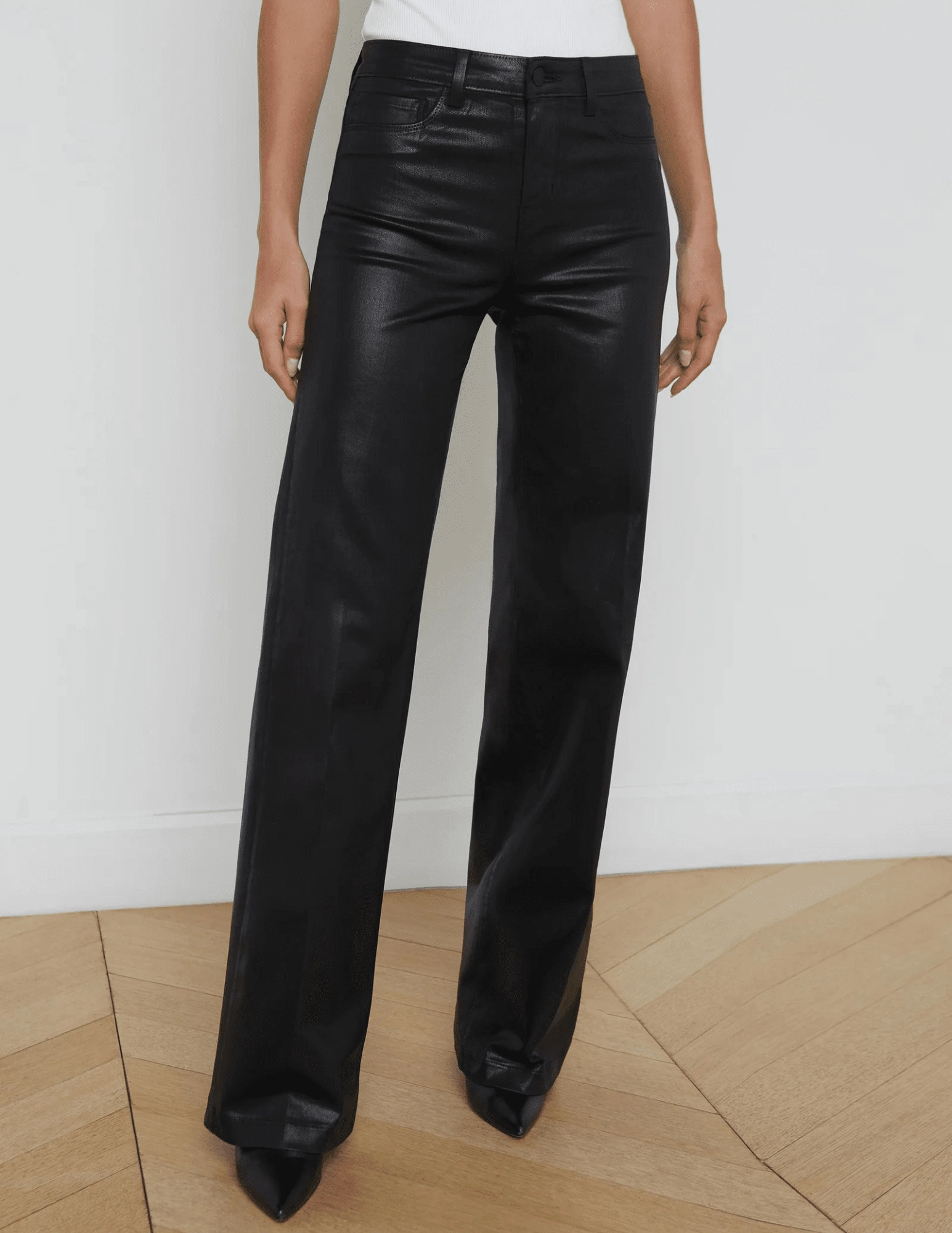 L??AGENCE Clayton High Rise Wide Leg Coated Jeans in Black Coated Flexible Knee Panels Sport Performance