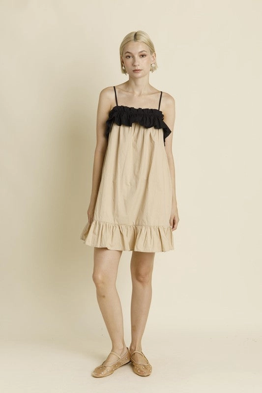 Color Block Ruffle Mini Dress - Tan Basic Shape