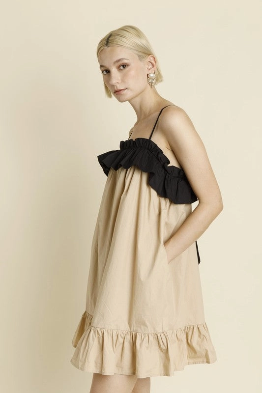 Flowy casual dress Back-Pocket Color Block Ruffle Mini Dress - Tan