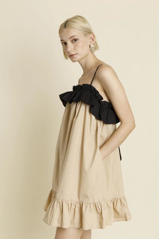 Slit Detail Color Block Ruffle Mini Dress - Tan